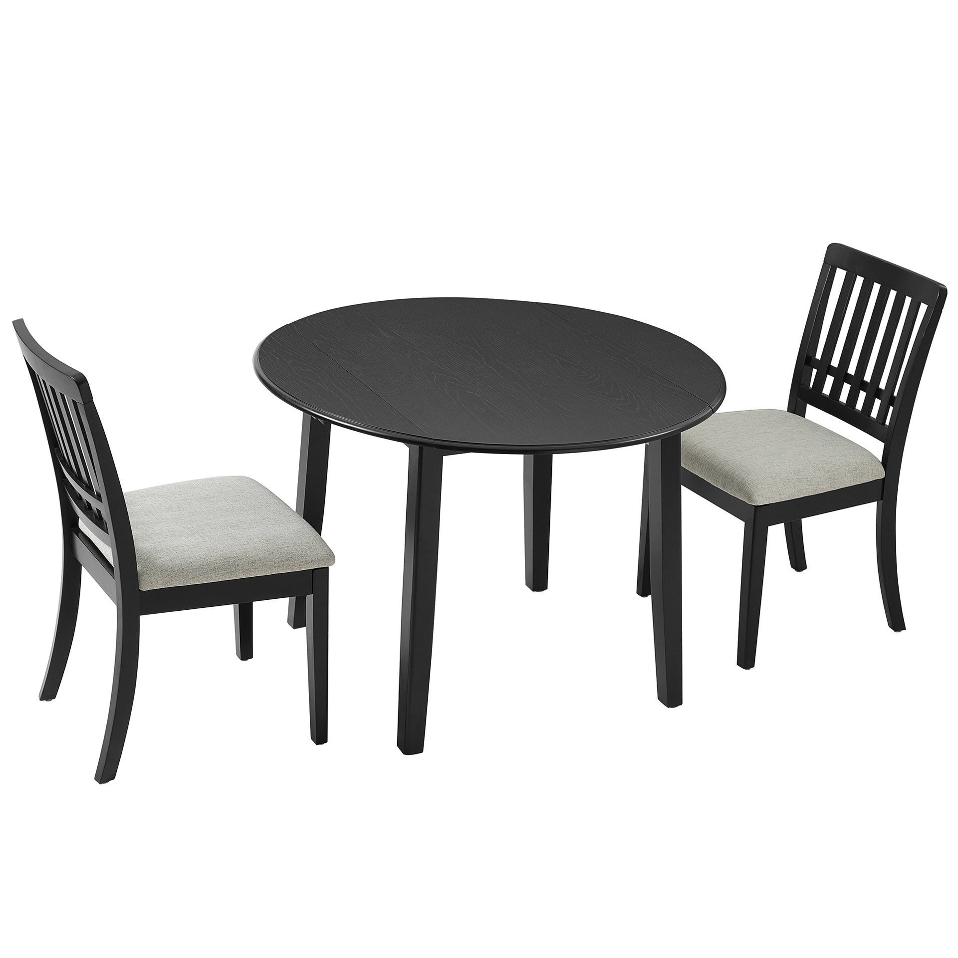 3-Piece Round Dining Table Set for 2 People, 1 Folding Wood Dining Table + 2 Upholstered Chairs, Space-Saving Design for Small Apartments and Dining Areas - BLACK