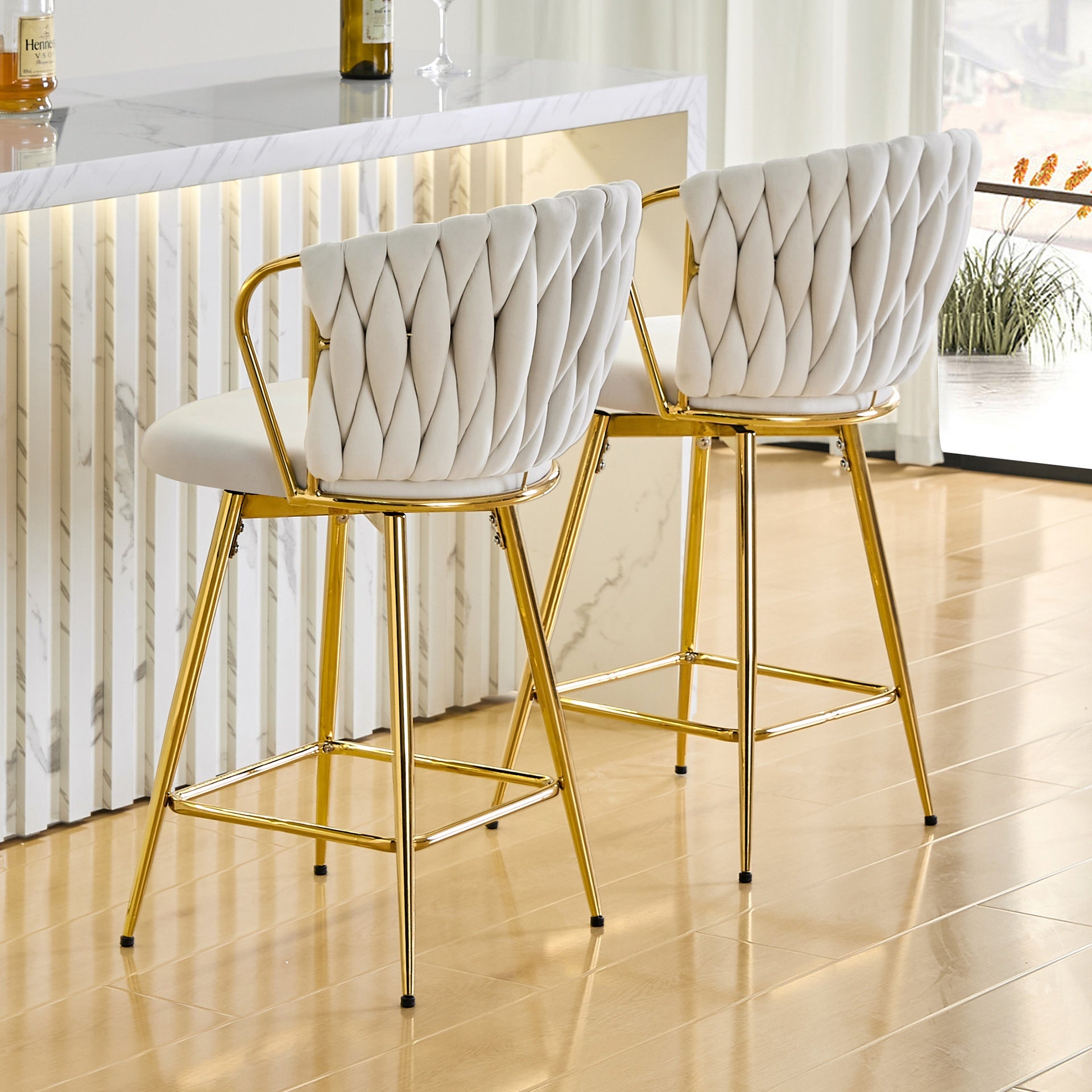 Set of 2 Modern Velvet Braided Bar Stool with Metal Frame, Upholstered Counter Height Stool with Woven Rope Backrest for Kitchen Island, Home Bar or Dining Area – Beige