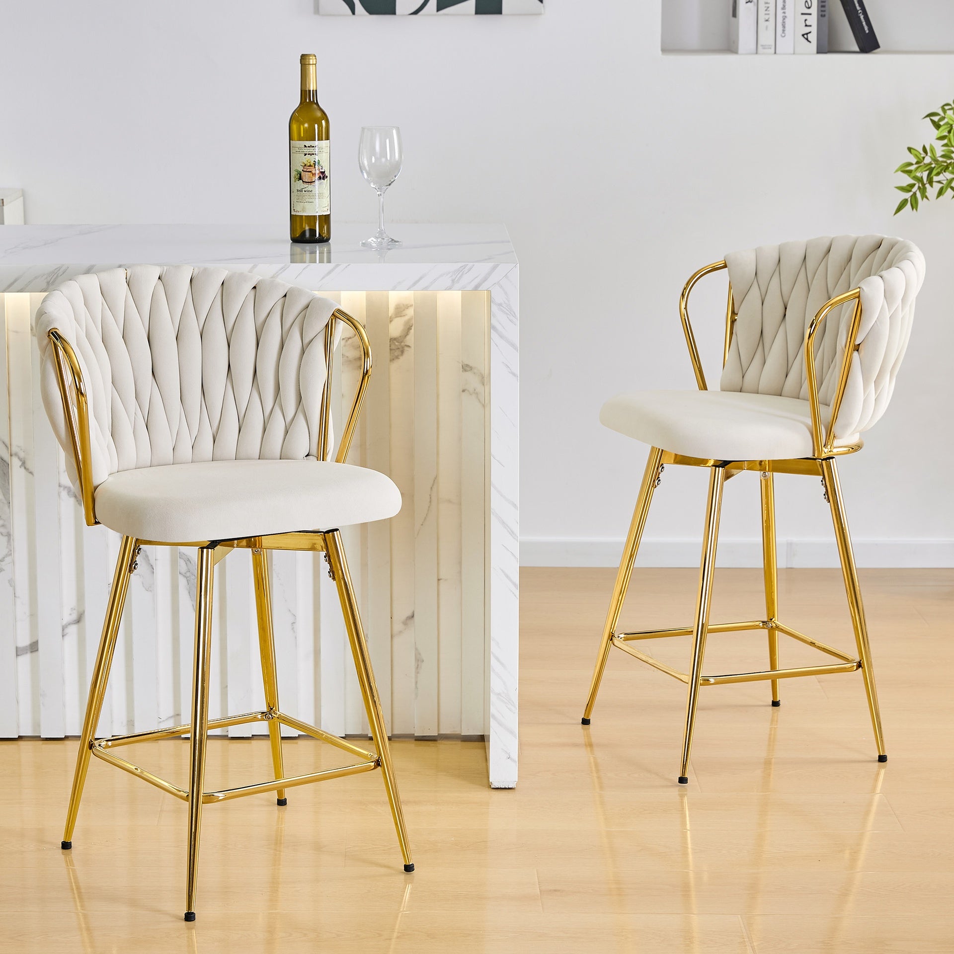 Set of 2 Modern Velvet Braided Bar Stool with Metal Frame, Upholstered Counter Height Stool with Woven Rope Backrest for Kitchen Island, Home Bar or Dining Area – Beige