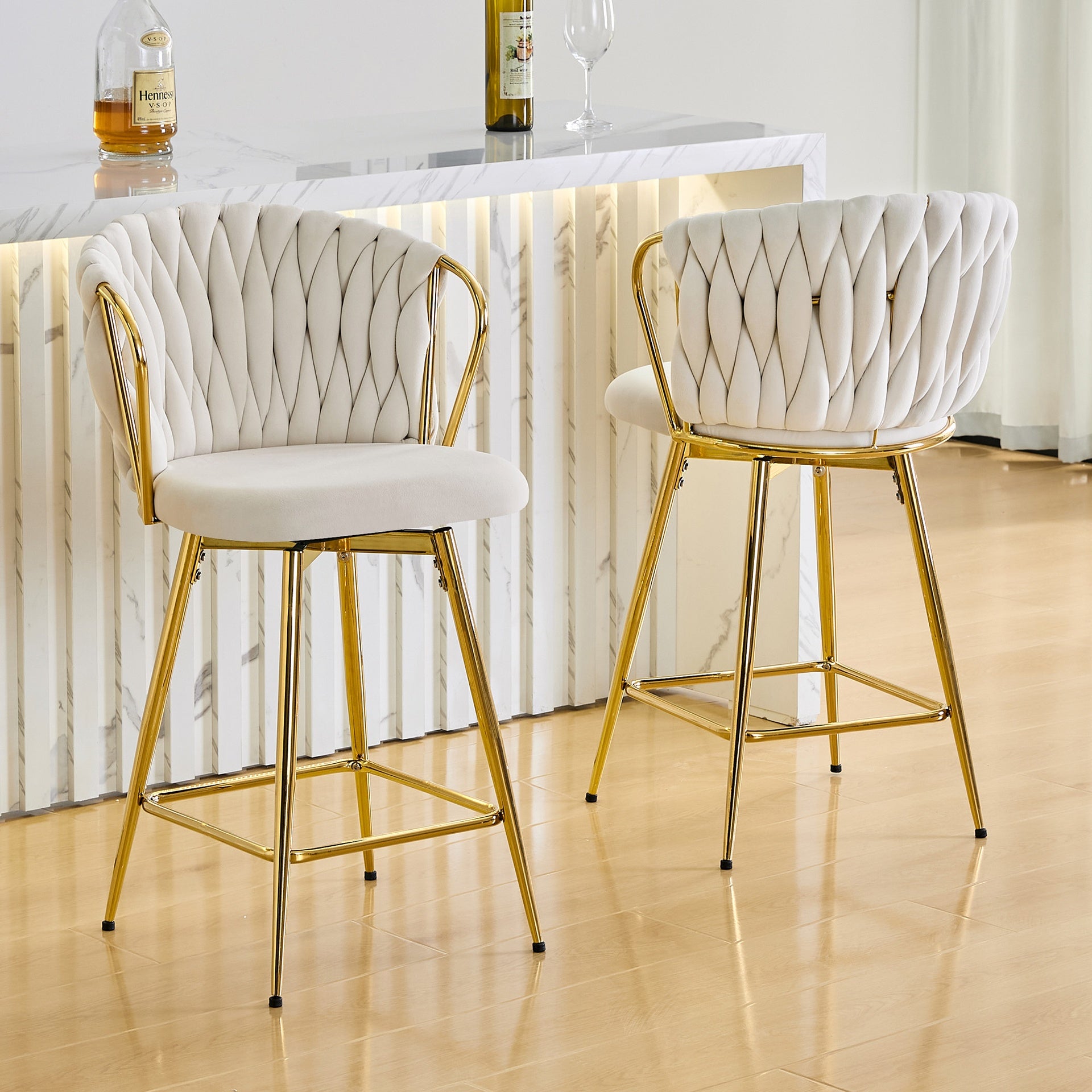 Set of 2 Modern Velvet Braided Bar Stool with Metal Frame, Upholstered Counter Height Stool with Woven Rope Backrest for Kitchen Island, Home Bar or Dining Area – Beige