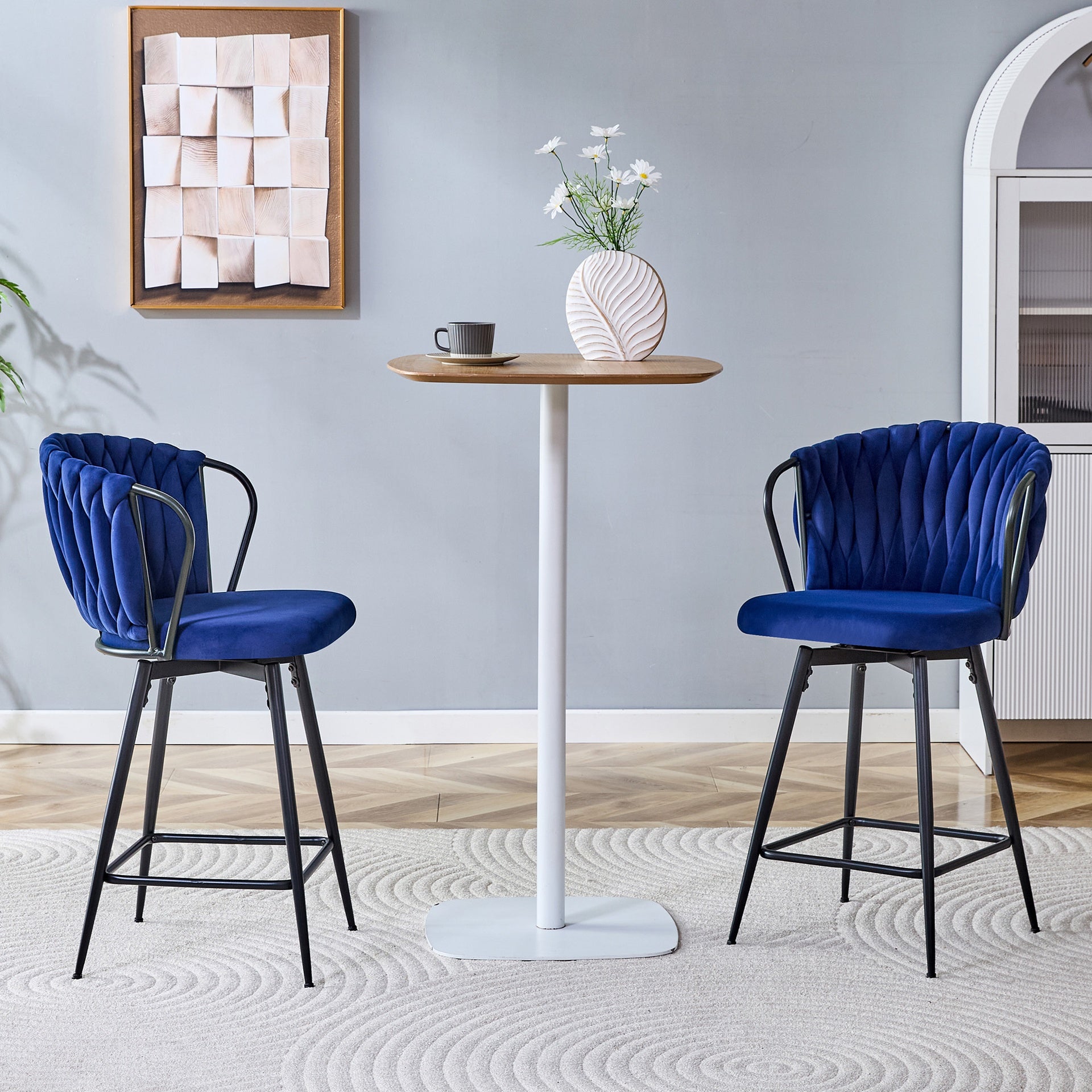 Set of 2 Modern Velvet Braided Bar Stool with Metal Frame, Upholstered Counter Height Stool with Woven Rope Backrest for Kitchen Island, Home Bar or Dining Area – Blue