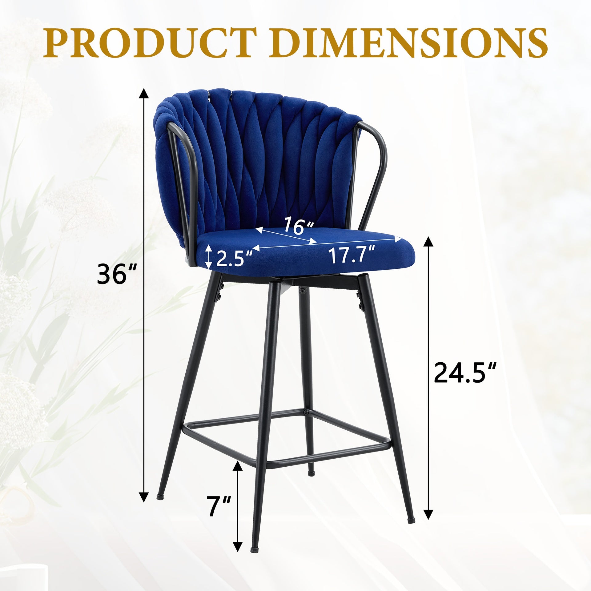 Set of 2 Modern Velvet Braided Bar Stool with Metal Frame, Upholstered Counter Height Stool with Woven Rope Backrest for Kitchen Island, Home Bar or Dining Area – Blue