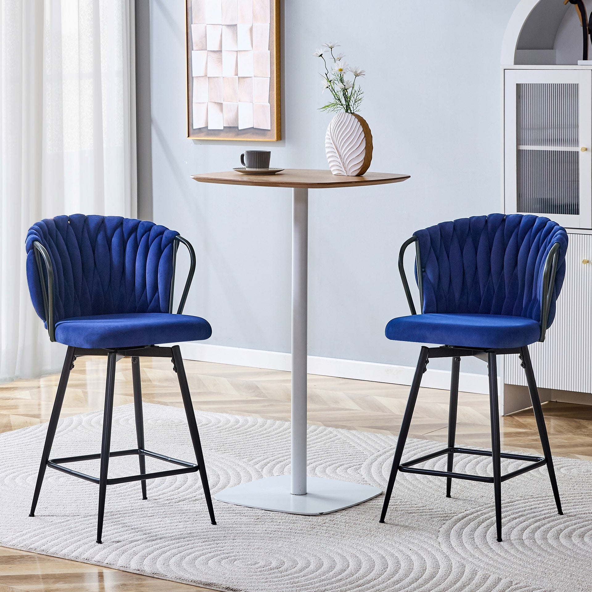 Set of 2 Modern Velvet Braided Bar Stool with Metal Frame, Upholstered Counter Height Stool with Woven Rope Backrest for Kitchen Island, Home Bar or Dining Area – Blue