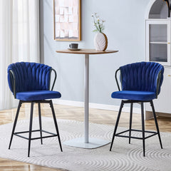 Set of 2 Modern Velvet Braided Bar Stool with Metal Frame, Upholstered Counter Height Stool with Woven Rope Backrest for Kitchen Island, Home Bar or Dining Area – Blue