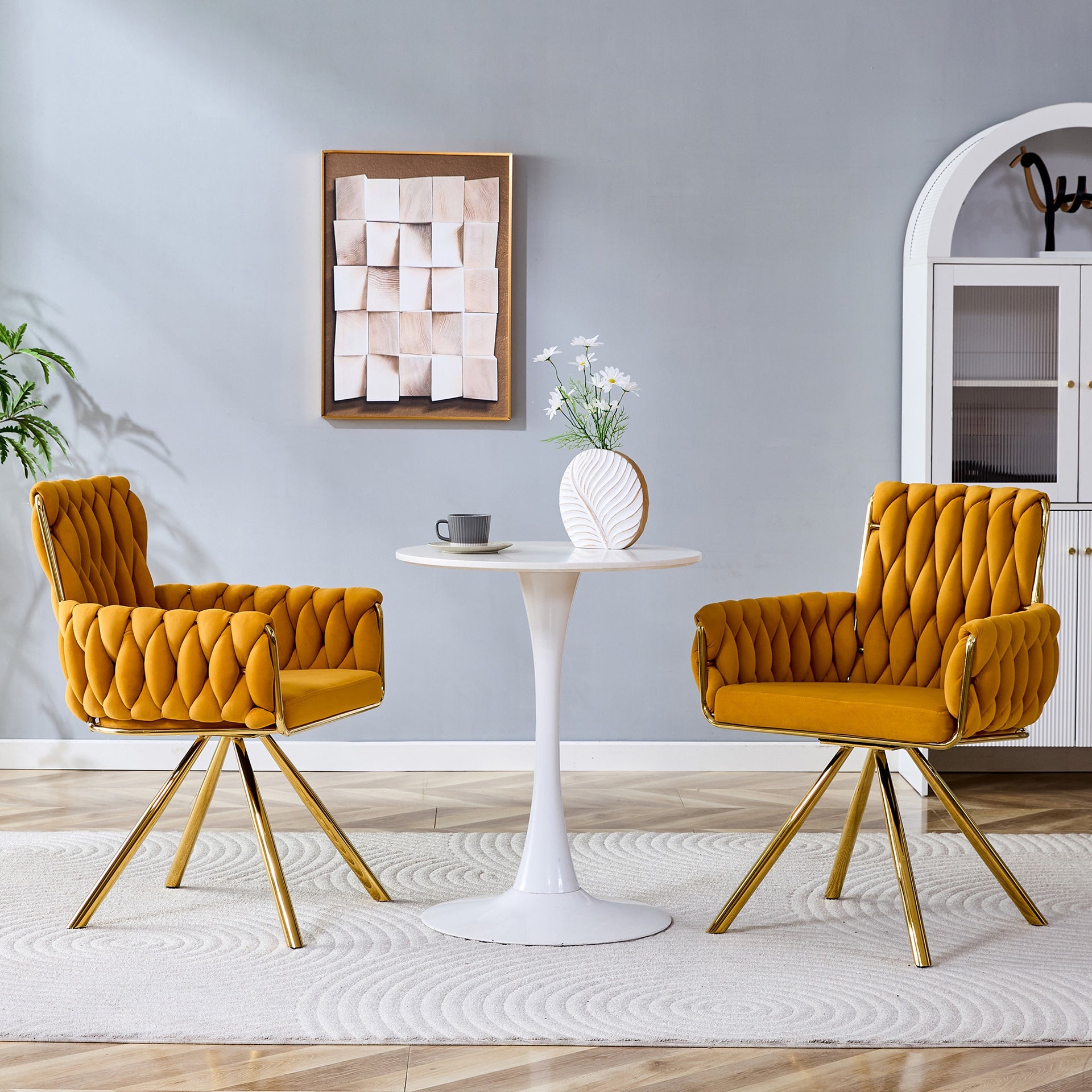 Set of 2 Modern Luxury Velvet Braided Accent Dining Chair with Gold Metal Legs, Upholstered Armchair with Woven Rope Backrest for Dining Room, Living Room or Bedroom-Yellow