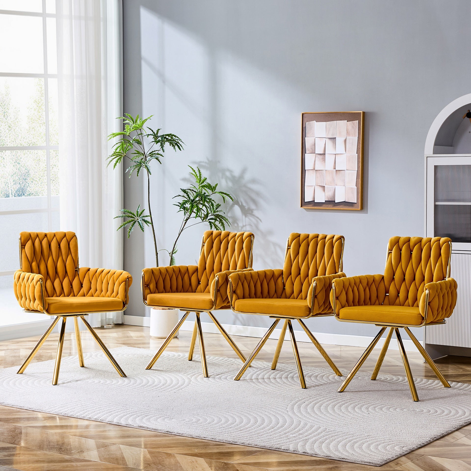 Set of 2 Modern Luxury Velvet Braided Accent Dining Chair with Gold Metal Legs, Upholstered Armchair with Woven Rope Backrest for Dining Room, Living Room or Bedroom-Yellow