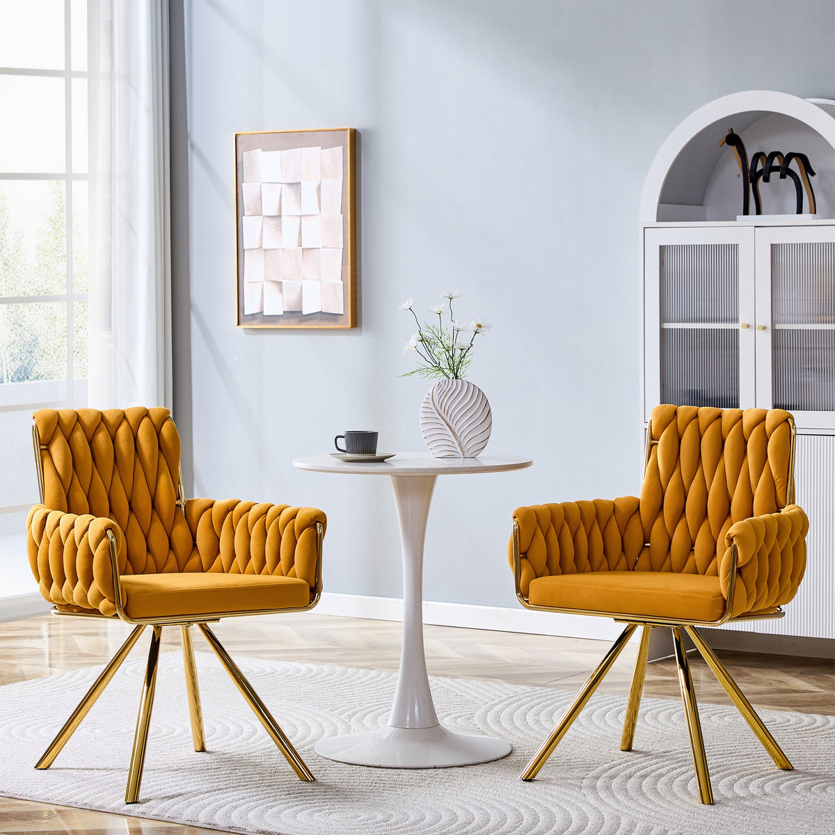 Set of 2 Modern Luxury Velvet Braided Accent Dining Chair with Gold Metal Legs, Upholstered Armchair with Woven Rope Backrest for Dining Room, Living Room or Bedroom-Yellow