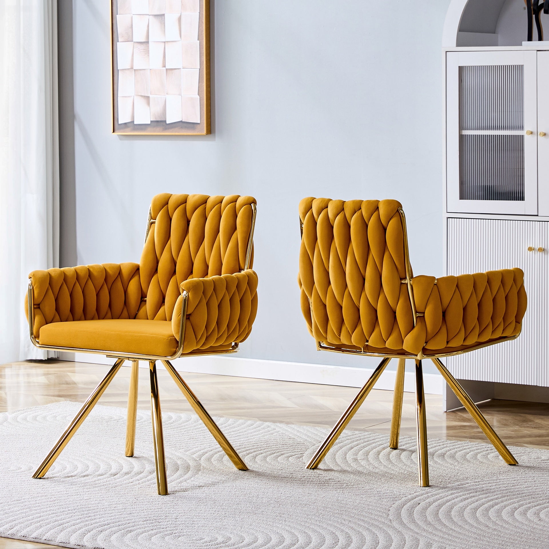 Set of 2 Modern Luxury Velvet Braided Accent Dining Chair with Gold Metal Legs, Upholstered Armchair with Woven Rope Backrest for Dining Room, Living Room or Bedroom-Yellow
