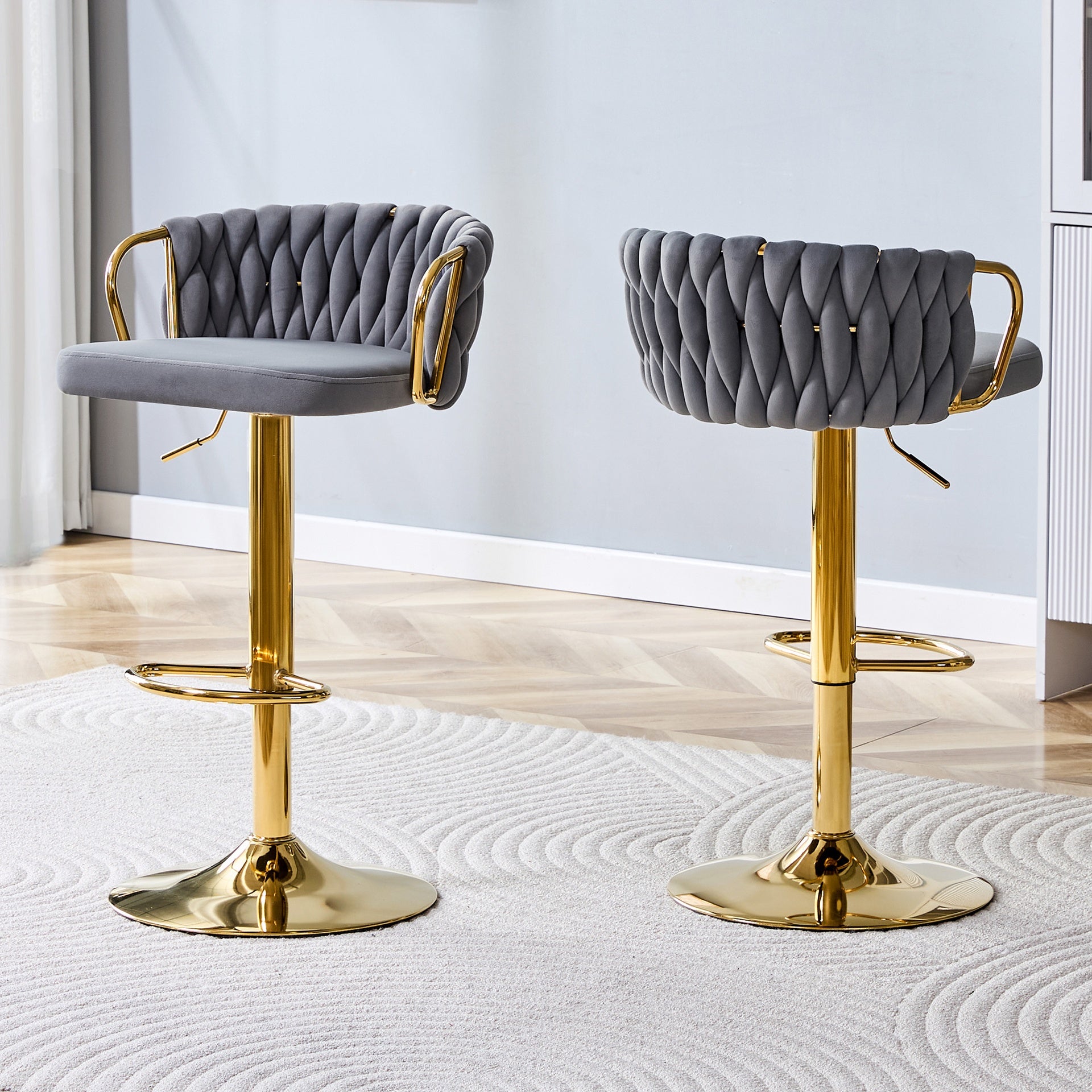 Set of 2 Modern Luxury Velvet Braided Bar Stool with Adjustable Height, Gold Metal Base & Woven Rope Backrest, Upholstered Swivel Bar Chair for Kitchen Island or Home Bar-Gray