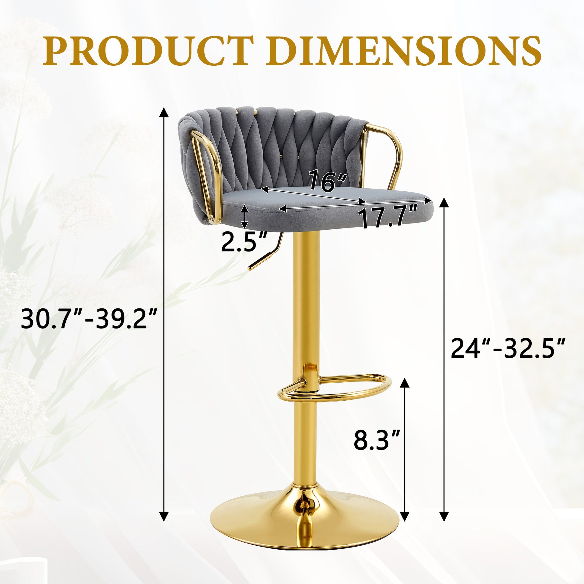 Set of 2 Modern Luxury Velvet Braided Bar Stool with Adjustable Height, Gold Metal Base & Woven Rope Backrest, Upholstered Swivel Bar Chair for Kitchen Island or Home Bar-Gray
