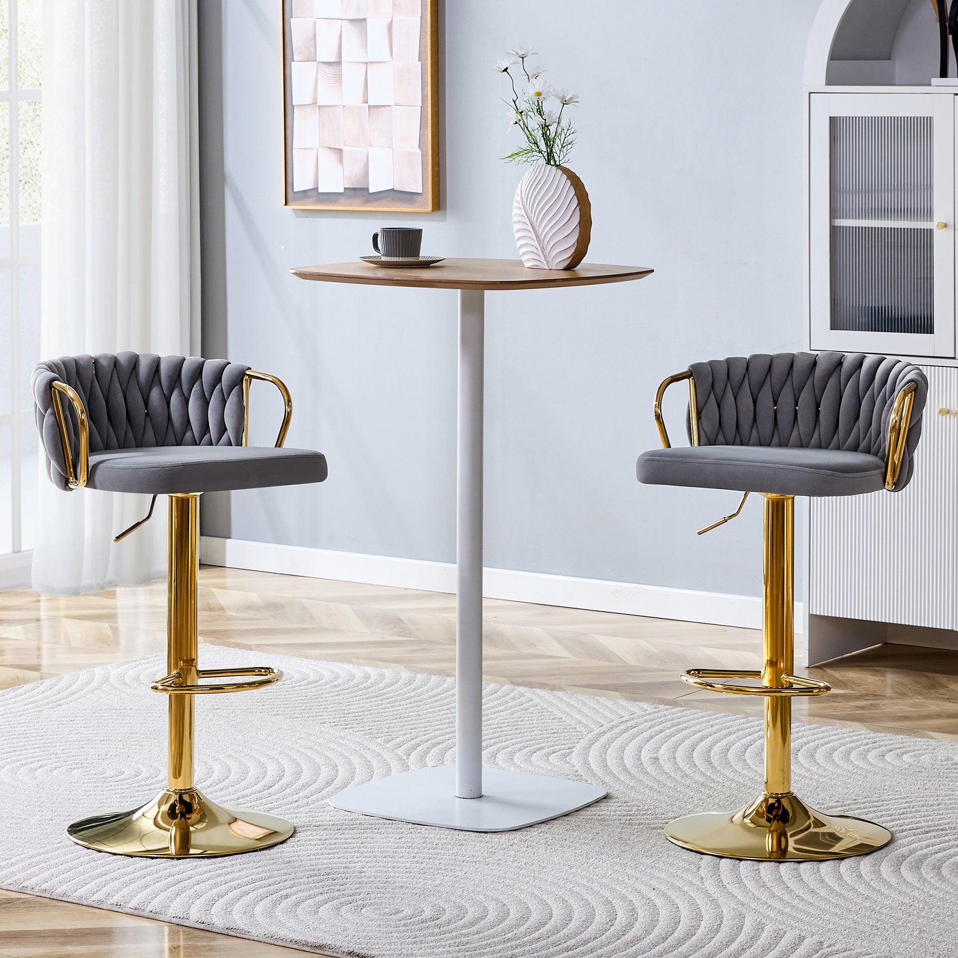 Set of 2 Modern Luxury Velvet Braided Bar Stool with Adjustable Height, Gold Metal Base & Woven Rope Backrest, Upholstered Swivel Bar Chair for Kitchen Island or Home Bar-Gray