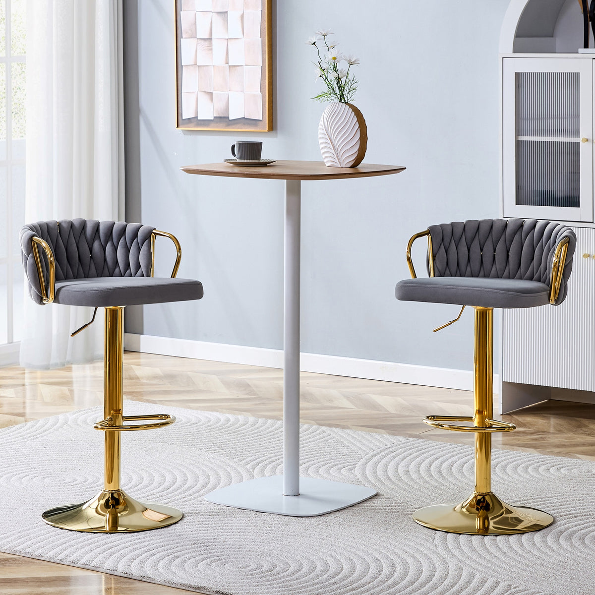 Set of 2 Modern Luxury Velvet Braided Bar Stool with Adjustable Height, Gold Metal Base & Woven Rope Backrest, Upholstered Swivel Bar Chair for Kitchen Island or Home Bar-Gray