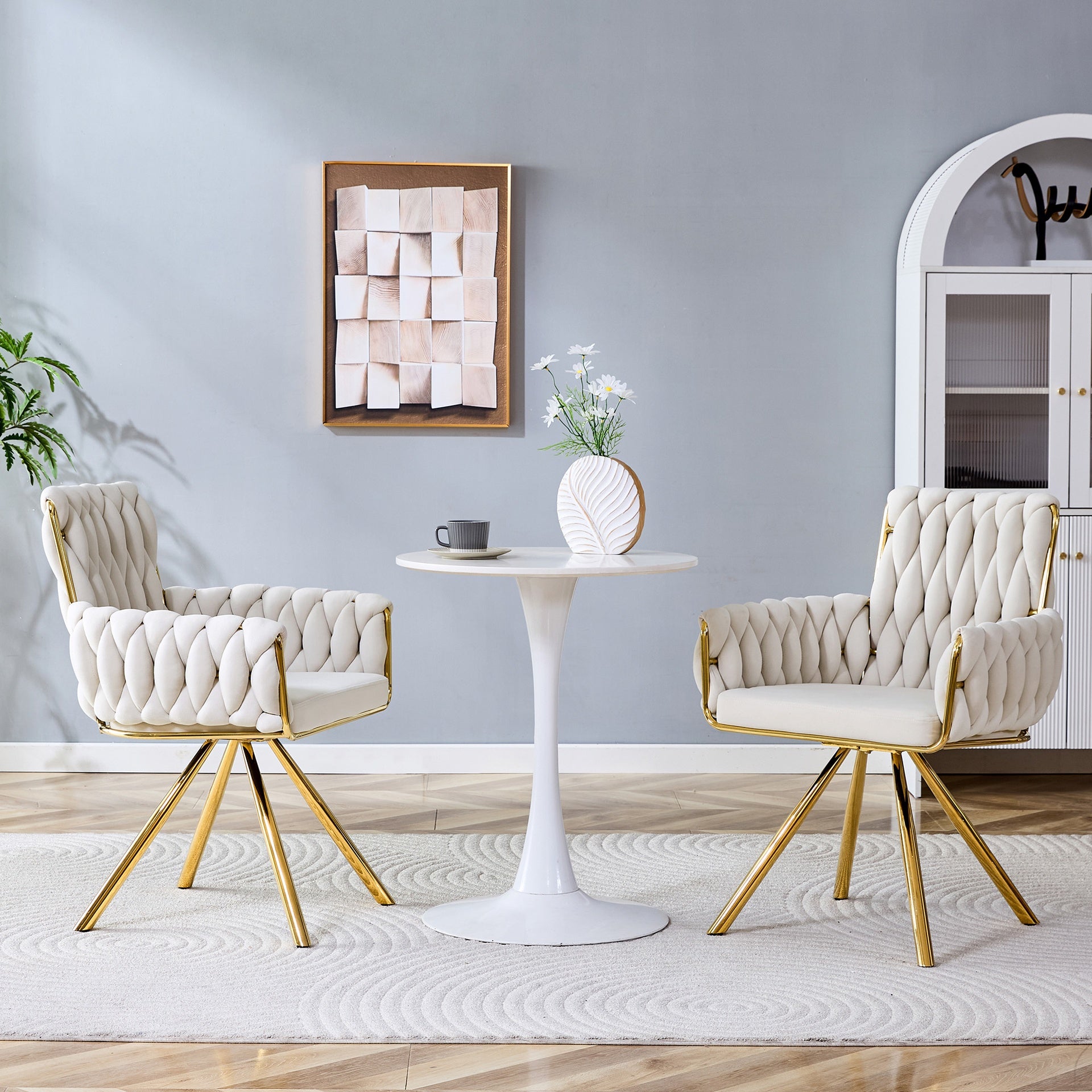 Set of 2 Modern Luxury Velvet Braided Accent Dining Chair with Gold Metal Legs, Upholstered Armchair with Woven Rope Backrest for Dining Room, Living Room or Bedroom-Beige