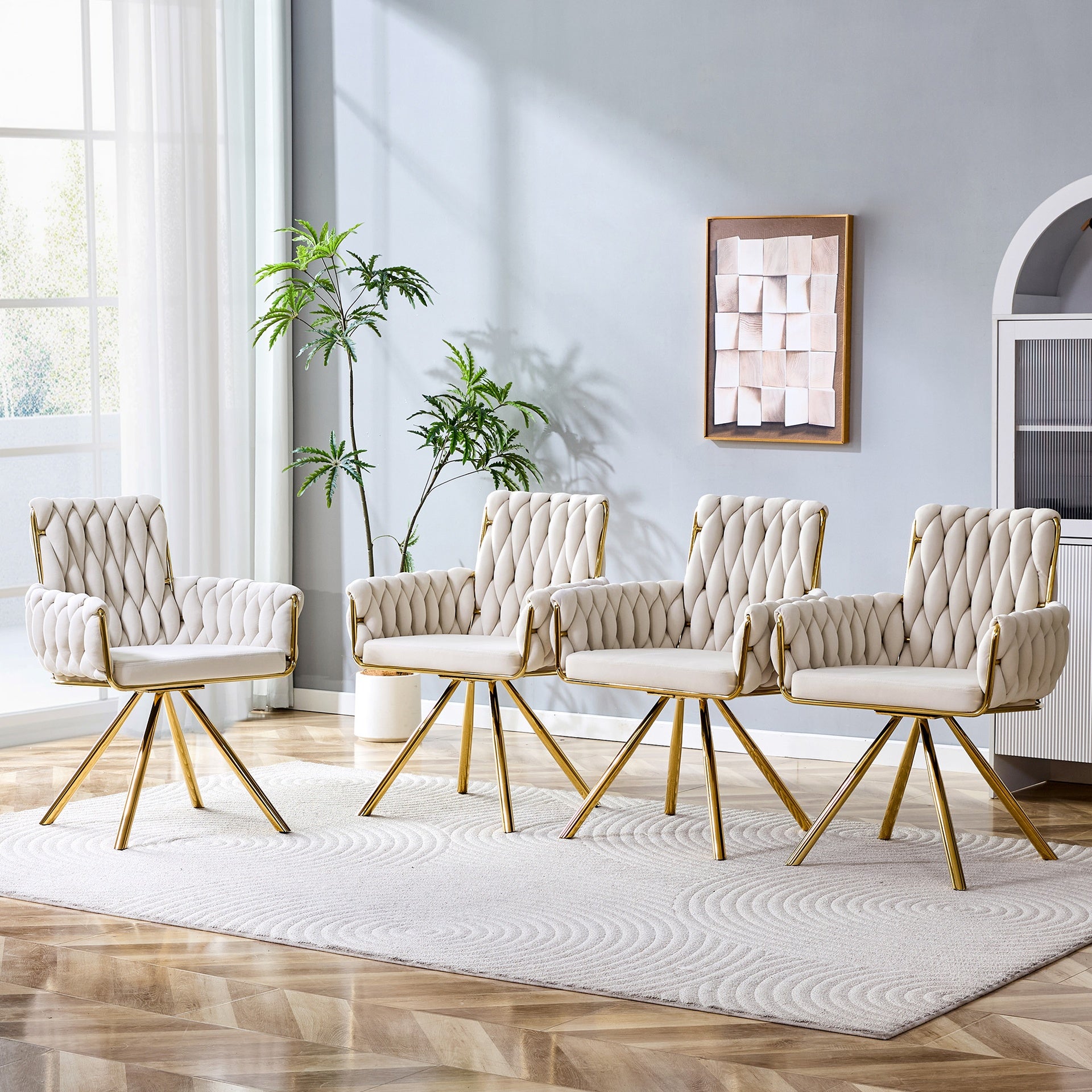 Set of 2 Modern Luxury Velvet Braided Accent Dining Chair with Gold Metal Legs, Upholstered Armchair with Woven Rope Backrest for Dining Room, Living Room or Bedroom-Beige