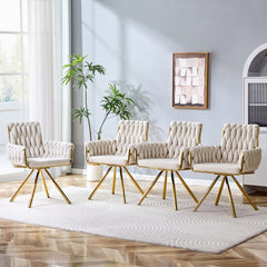 Set of 2 Modern Luxury Velvet Braided Accent Dining Chair with Gold Metal Legs, Upholstered Armchair with Woven Rope Backrest for Dining Room, Living Room or Bedroom-Beige