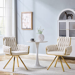 Set of 2 Modern Luxury Velvet Braided Accent Dining Chair with Gold Metal Legs, Upholstered Armchair with Woven Rope Backrest for Dining Room, Living Room or Bedroom-Beige