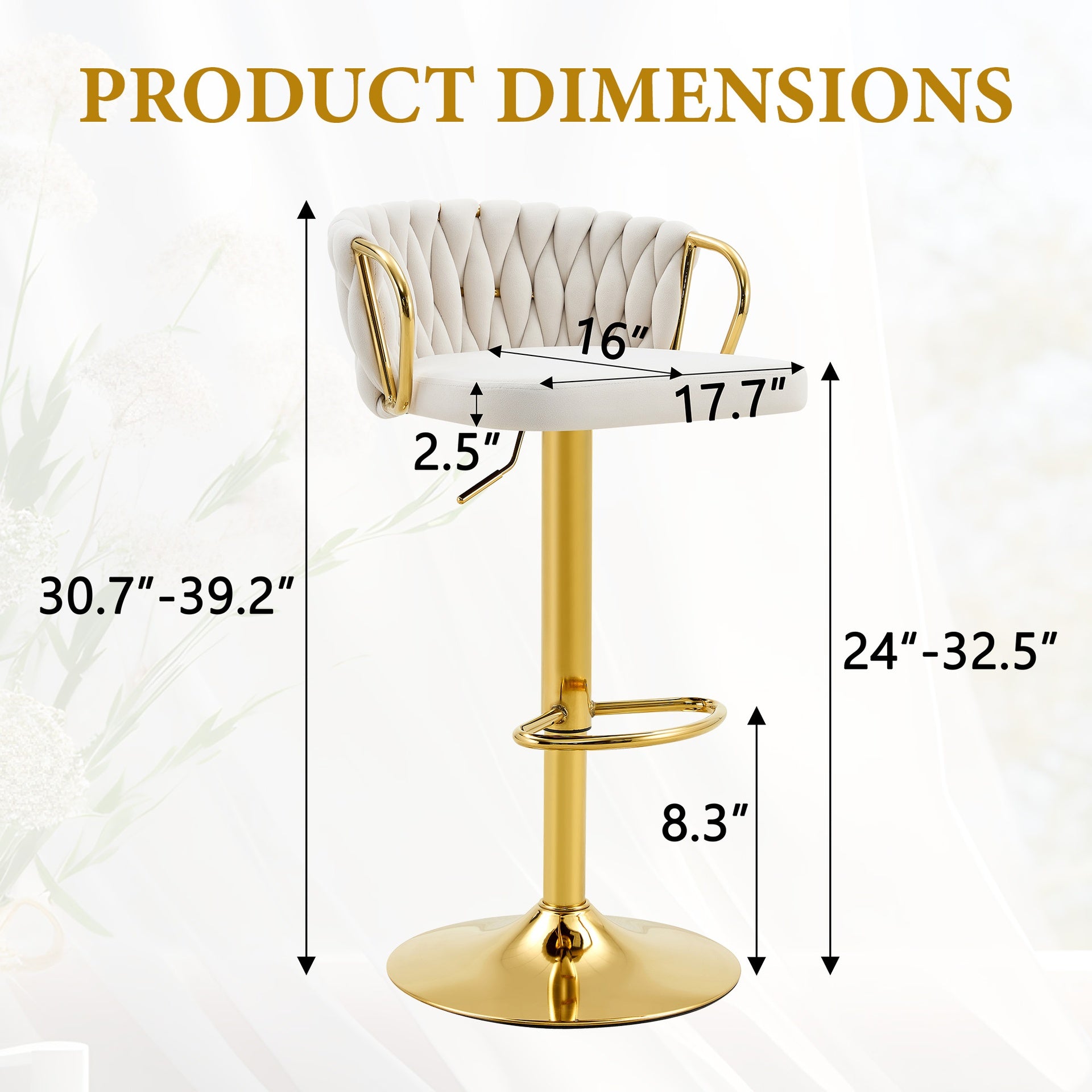 Set of 2 Modern Luxury Velvet Braided Bar Stool with Adjustable Height, Gold Metal Base & Woven Rope Backrest, Upholstered Swivel Bar Chair for Kitchen Island or Home Bar-Beige