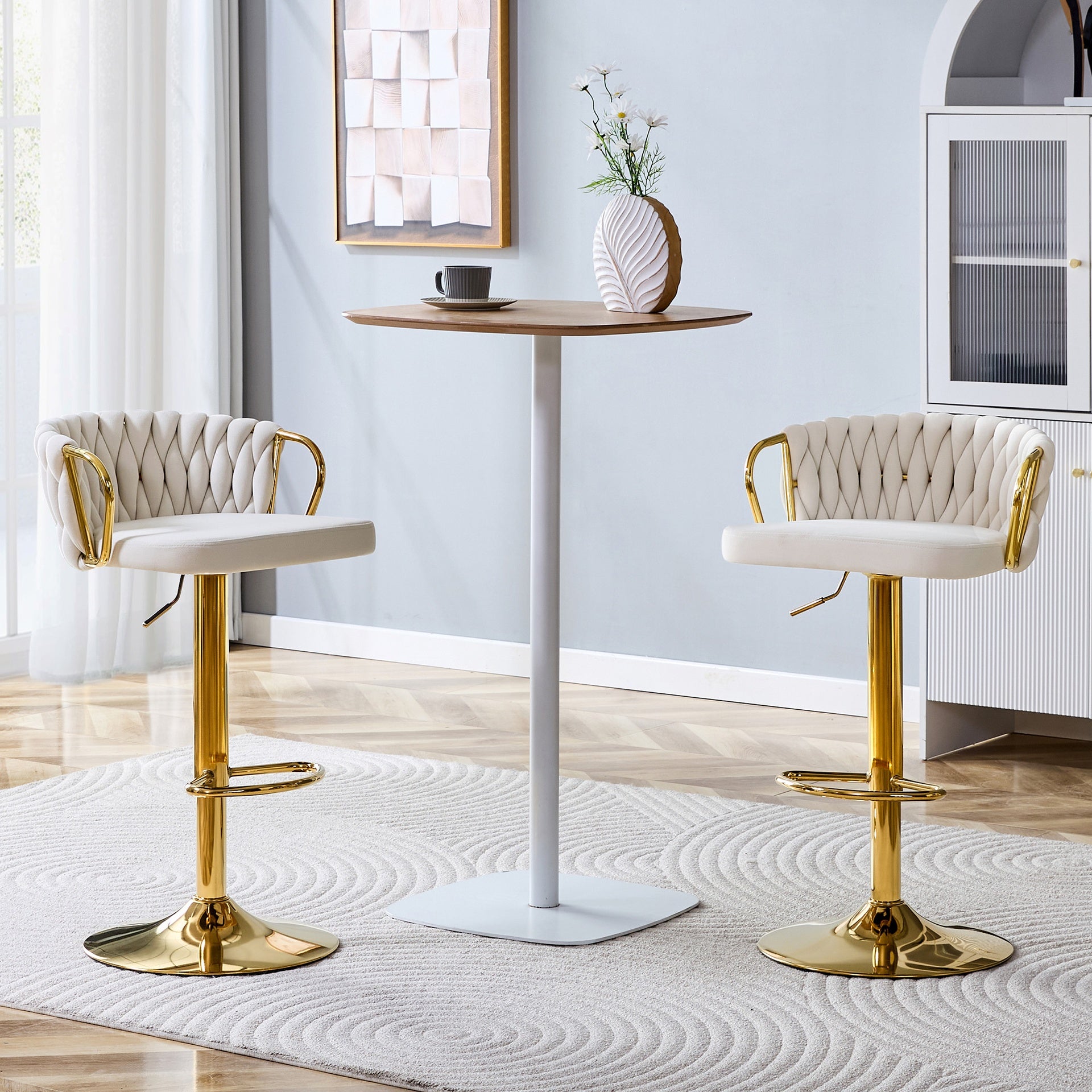 Set of 2 Modern Luxury Velvet Braided Bar Stool with Adjustable Height, Gold Metal Base & Woven Rope Backrest, Upholstered Swivel Bar Chair for Kitchen Island or Home Bar-Beige