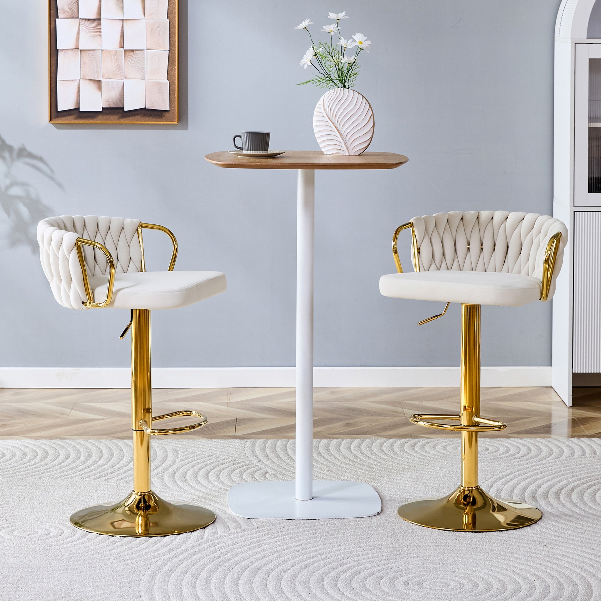 Set of 2 Modern Luxury Velvet Braided Bar Stool with Adjustable Height, Gold Metal Base & Woven Rope Backrest, Upholstered Swivel Bar Chair for Kitchen Island or Home Bar-Beige