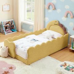 Twin Size Cute Dinosaur-Shaped Kids Bed with Safety Guardraild, Solid Wood Toddler Bed Frame for Children for Bedroom, Boucle Fabric