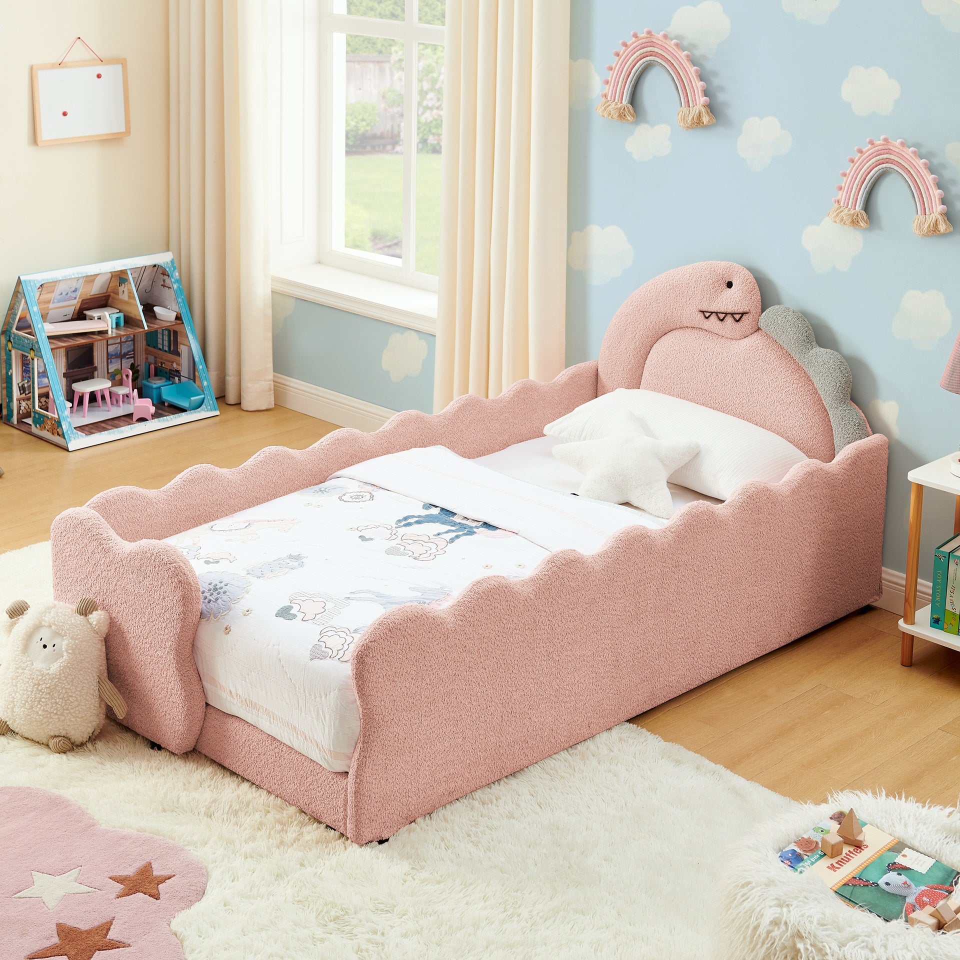 Twin Size Cute Dinosaur-Shaped Kids Bed with Safety Guardraild, Solid Wood Toddler Bed Frame for Children for Bedroom, Boucle Fabric