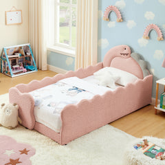 Twin Size Cute Dinosaur-Shaped Kids Bed with Safety Guardraild, Solid Wood Toddler Bed Frame for Children for Bedroom, Boucle Fabric