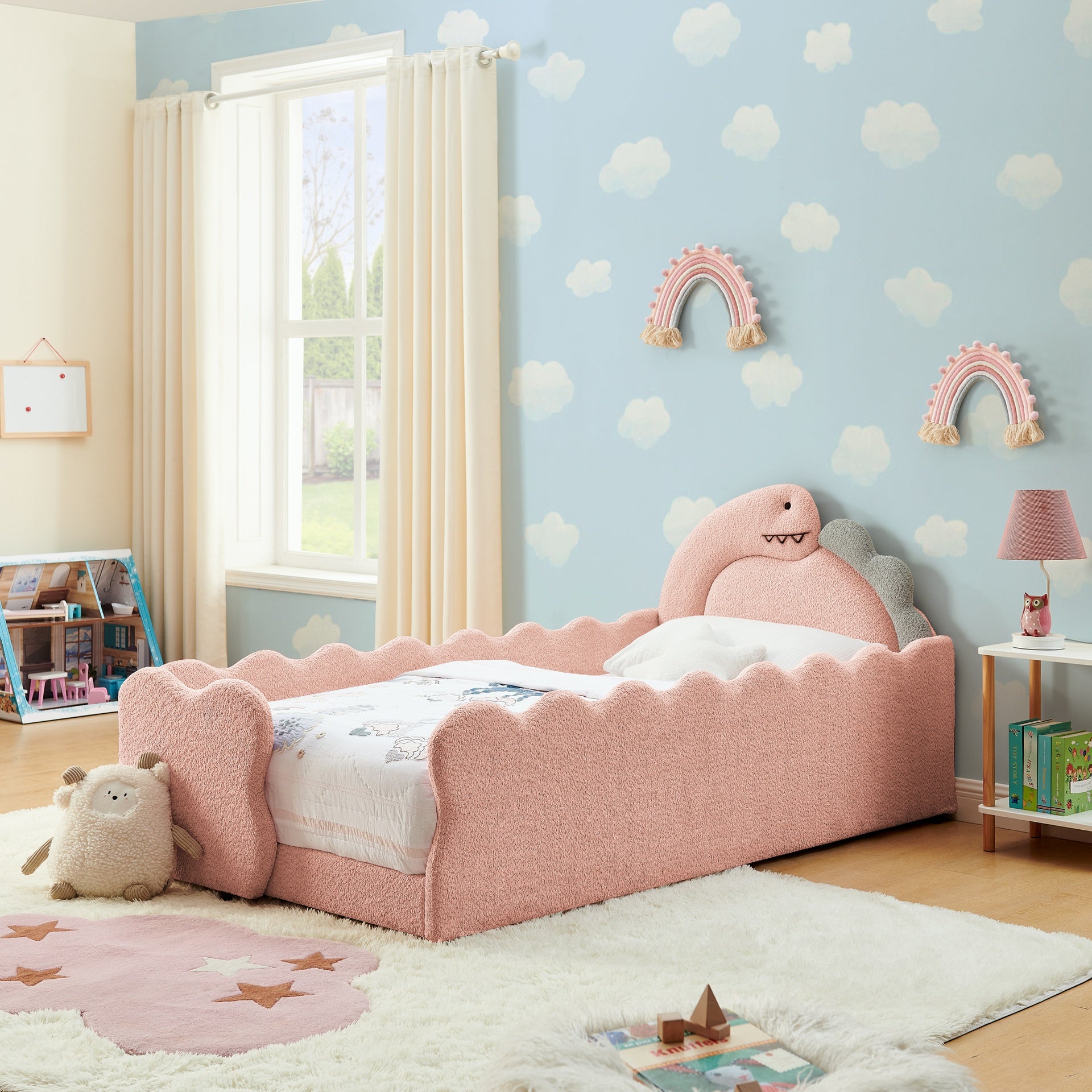 Twin Size Cute Dinosaur-Shaped Kids Bed with Safety Guardraild, Solid Wood Toddler Bed Frame for Children for Bedroom, Boucle Fabric