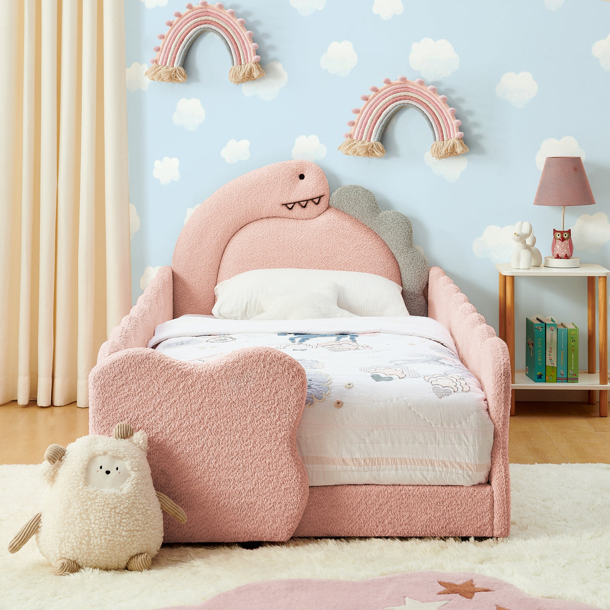 Twin Size Cute Dinosaur-Shaped Kids Bed with Safety Guardraild, Solid Wood Toddler Bed Frame for Children for Bedroom, Boucle Fabric
