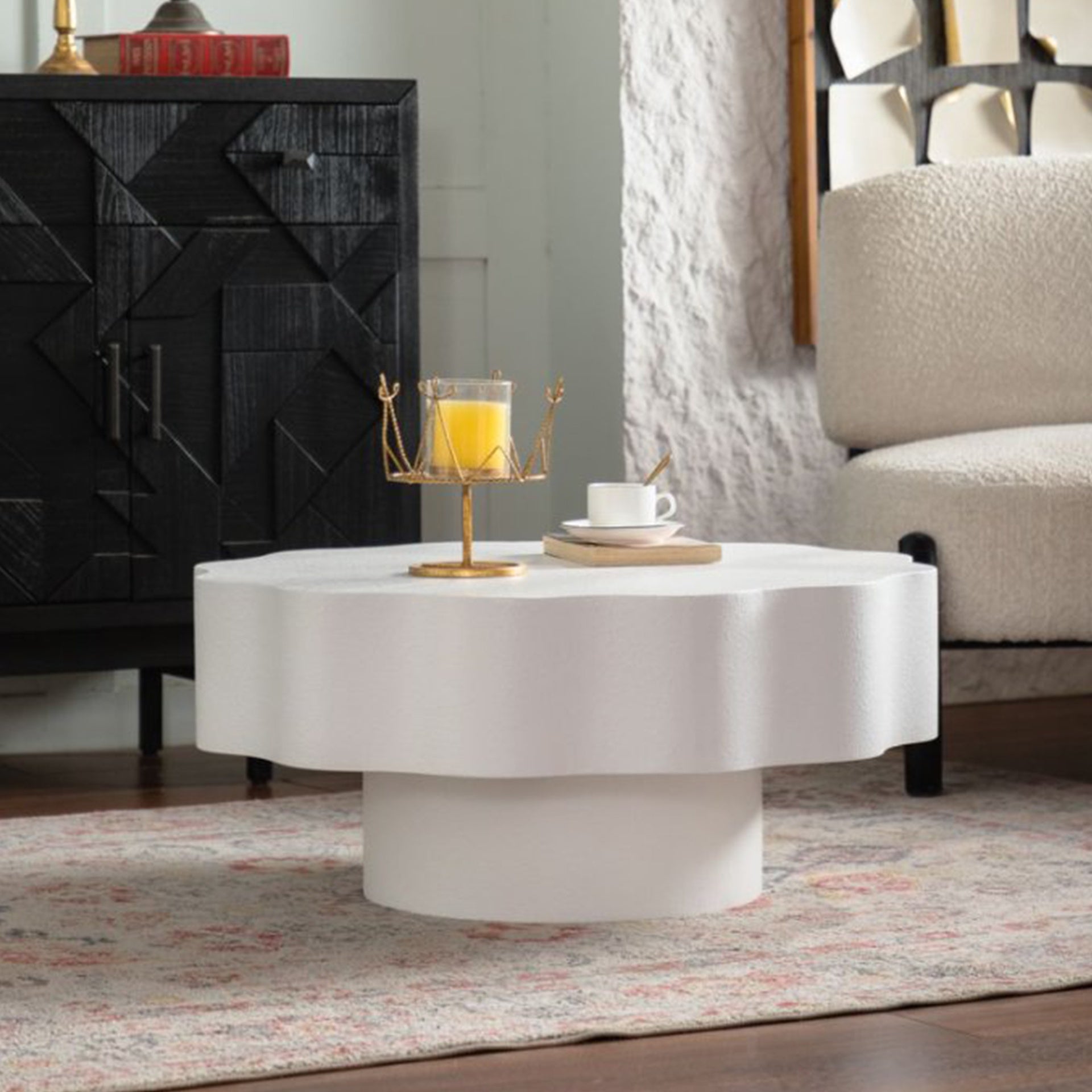Scalloped White Coffee Table: Unique Wave-Edge Shape, Elegant Focal Piece for Stylish Spaces.
