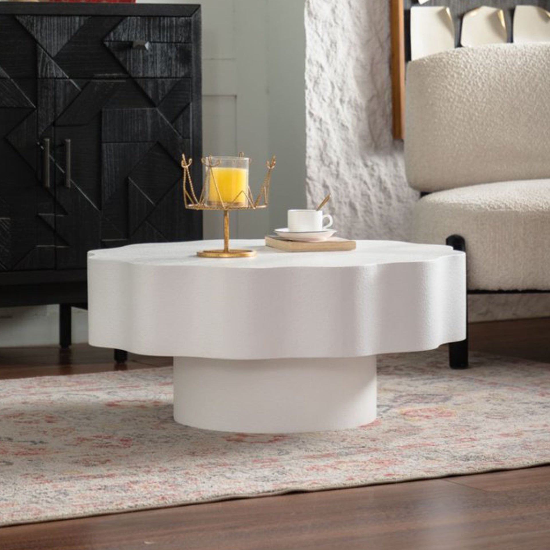 Scalloped White Coffee Table: Unique Wave-Edge Shape, Elegant Focal Piece for Stylish Spaces.