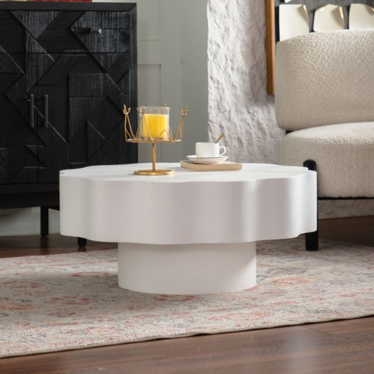 Scalloped White Coffee Table: Unique Wave-Edge Shape, Elegant Focal Piece for Stylish Spaces.