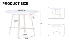 A modern minimalist circular dining table with a 42 inch diameter white patterned tabletop and white metal legs. Suitable for restaurants, living rooms, and conference rooms.