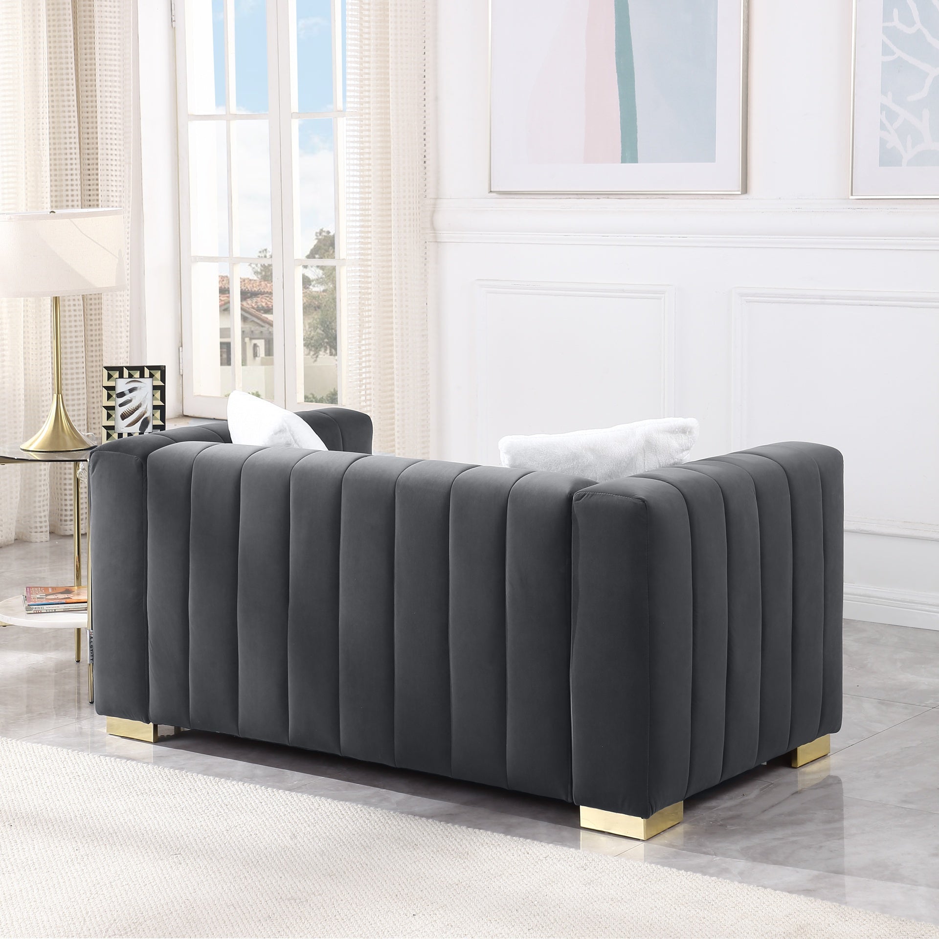 A modern  channel sofa  take on a traditional Chesterfield,Grey color,loveseater