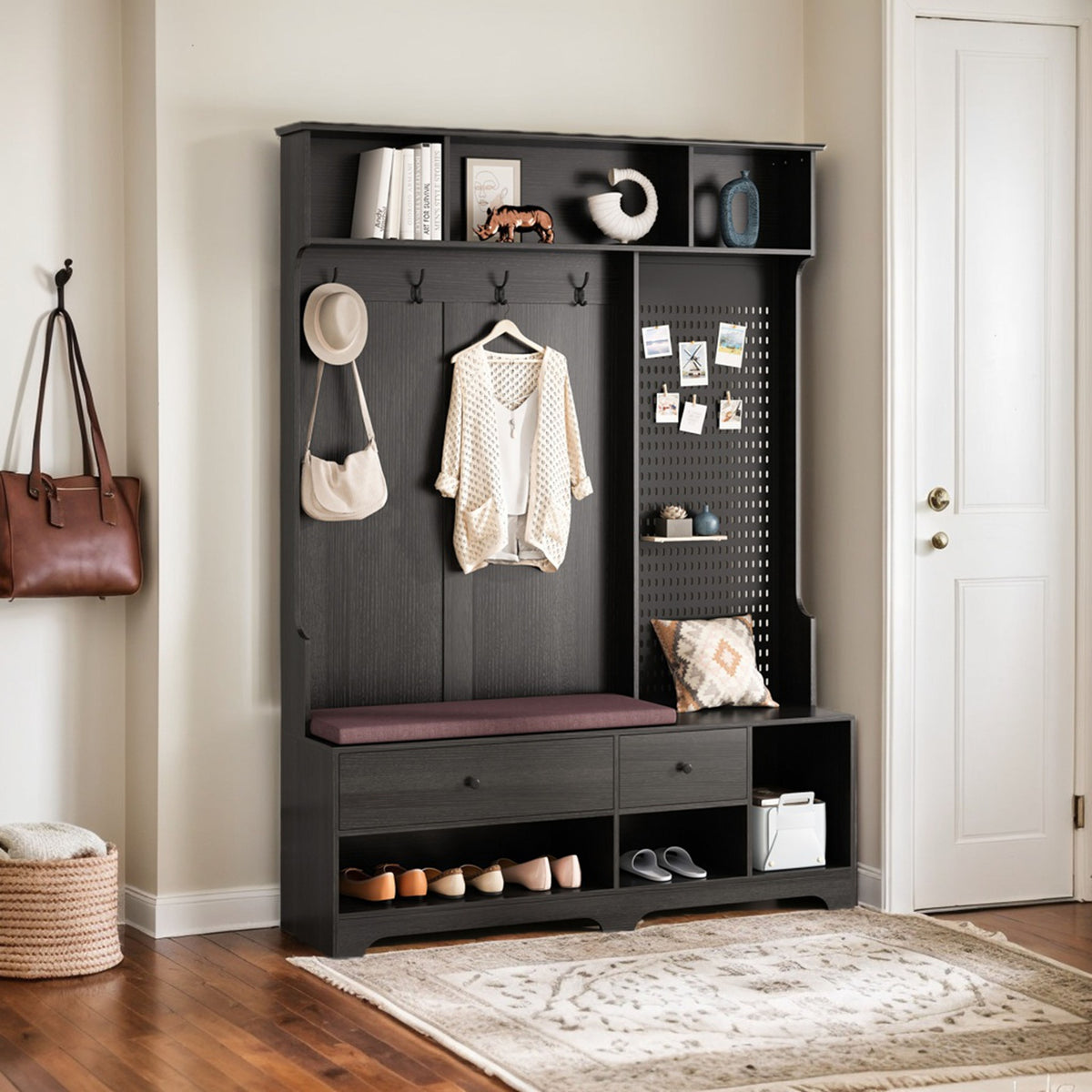 Multi-purpose Hallway Hall Tree with Removable Linen Cushioned Entryway Bench, Coat Rack, Storage Shelves, and DIY Pegboard,for Hallways, Living Room, Black