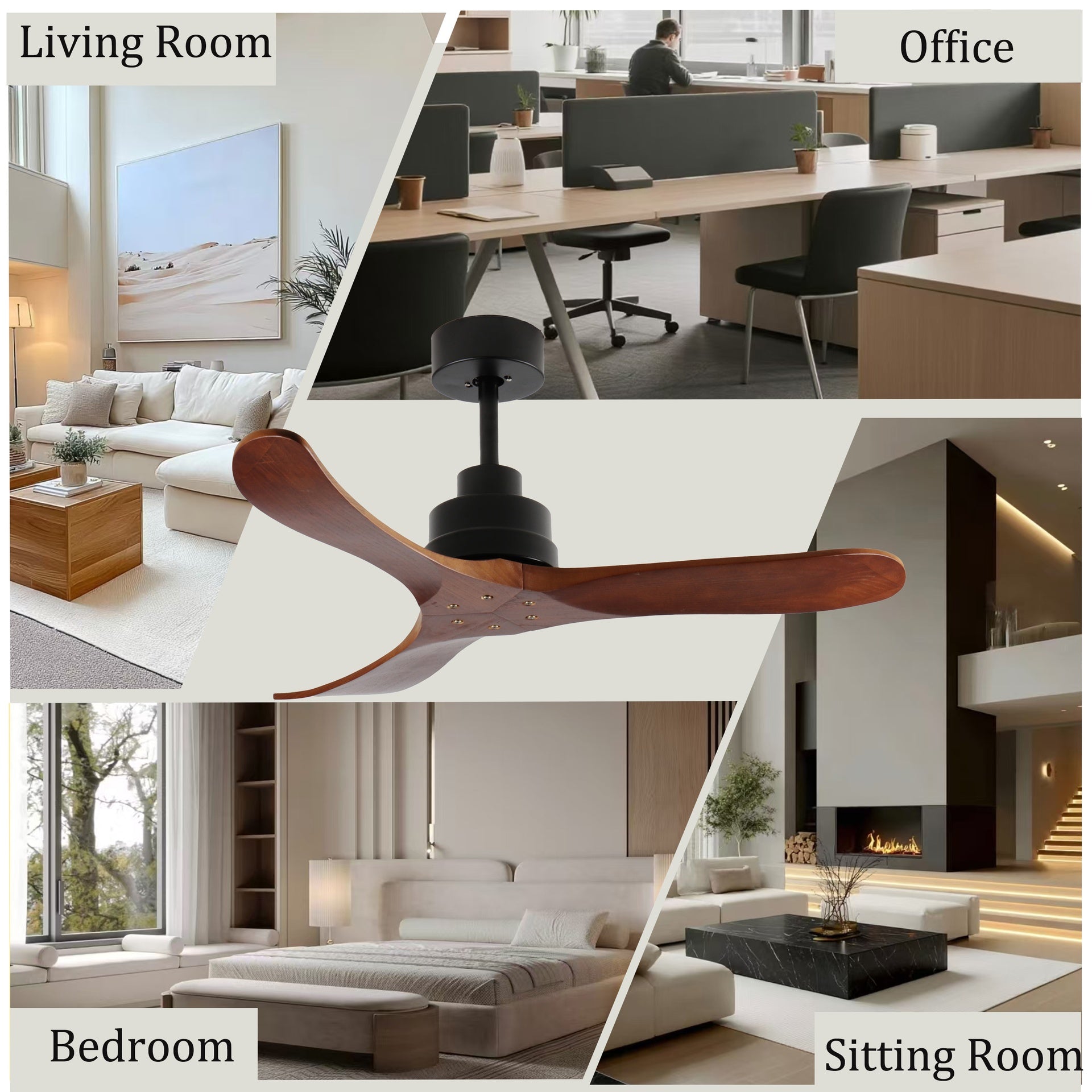 42-Inch Ceiling Fan Without Light, Solid Wood Blades, Downrod Mount for Sloped Ceiling ≤15°, Reversible Quiet DC Motor, Remote Control with 6 Speeds & Timer, Energy Saving for Bedroom, Living Room