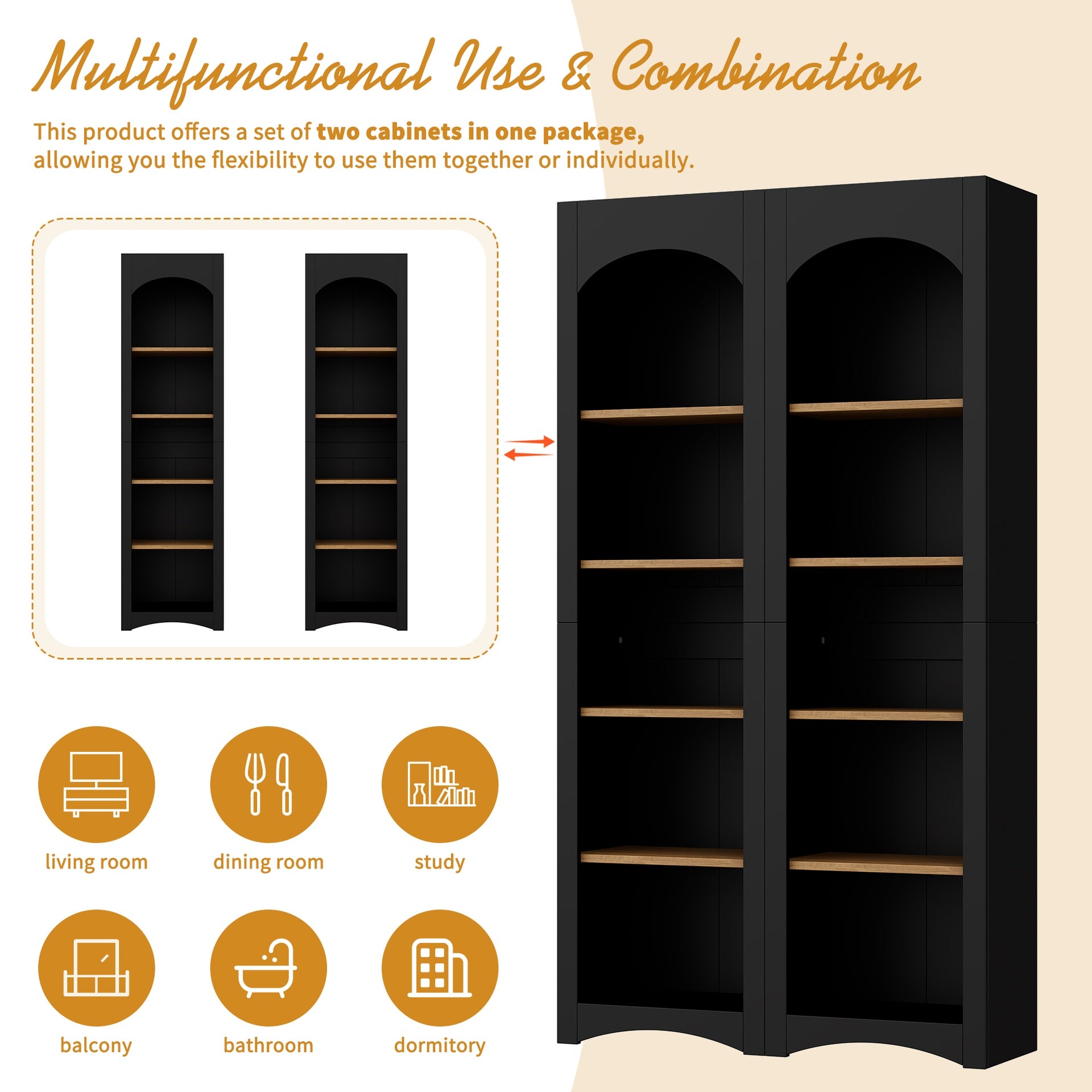 ON-TREND Free Standing 5 Tier Bookshelves, Bookcases Set of 2, Farmhouse Two-Tone Storage Cabinet with Adjustable Shelves, Modern 72"H Kitchen Pantry Cabinet for Living Room, Home Office, Black