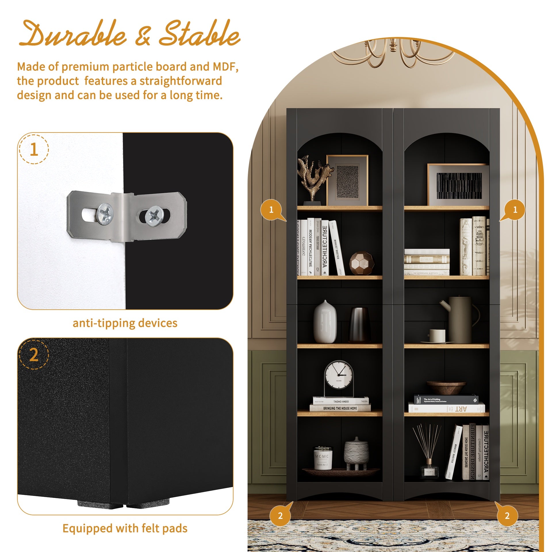ON-TREND Free Standing 5 Tier Bookshelves, Bookcases Set of 2, Farmhouse Two-Tone Storage Cabinet with Adjustable Shelves, Modern 72"H Kitchen Pantry Cabinet for Living Room, Home Office, Black