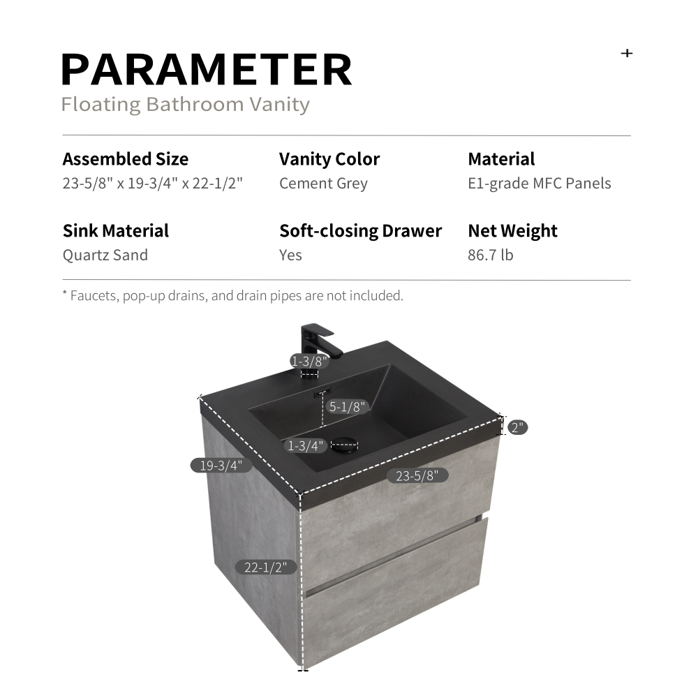 24" Floating Bathroom Vanity with Sink, Wall-Mounted Storage Cabinet with Black Quartz Sand Top Basin and Soft Close Drawers Fully Assembled, EDI-Series Cement Grey 24V12-24GR-W1920P385525