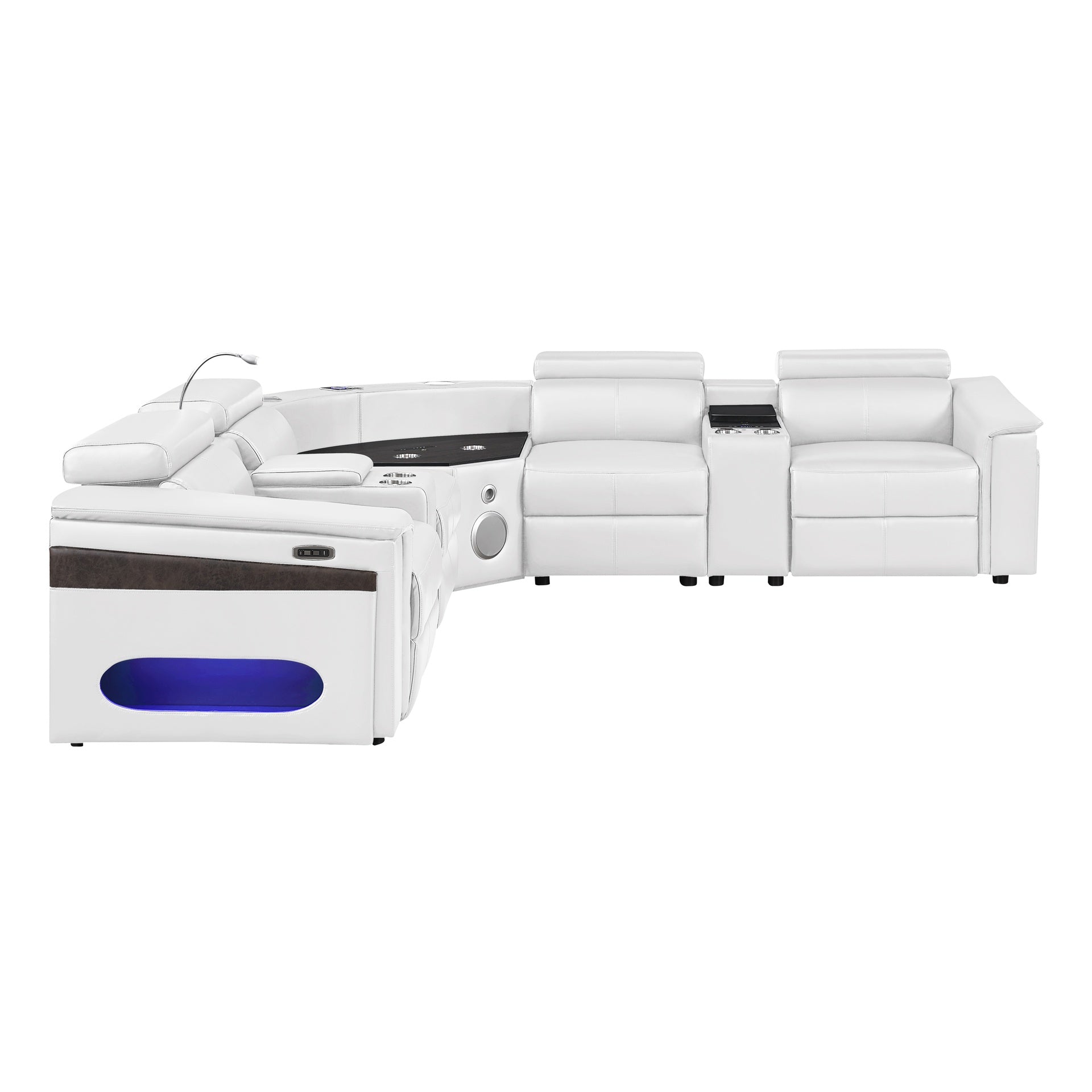 Nova Modern Style Sectional with  2 Consoles (Reading Light + Fridge), Wedge with Bluetooth speaker, LED and Lifting wine cabinet - White