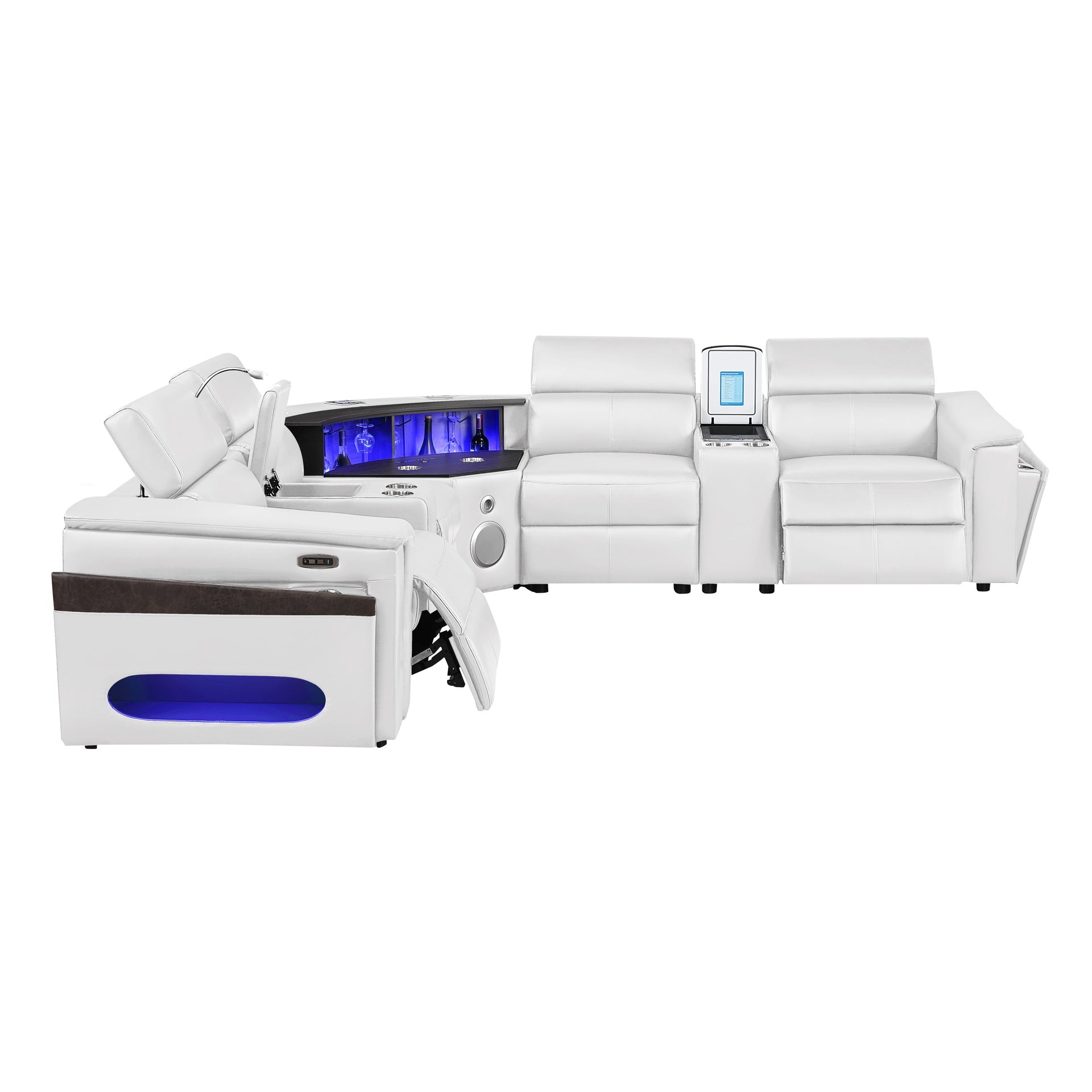 Nova Modern Style Sectional with  2 Consoles (Reading Light + Fridge), Wedge with Bluetooth speaker, LED and Lifting wine cabinet - White