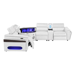 Nova Modern Style Sectional with  2 Consoles (Reading Light + Fridge), Wedge with Bluetooth speaker, LED and Lifting wine cabinet - White