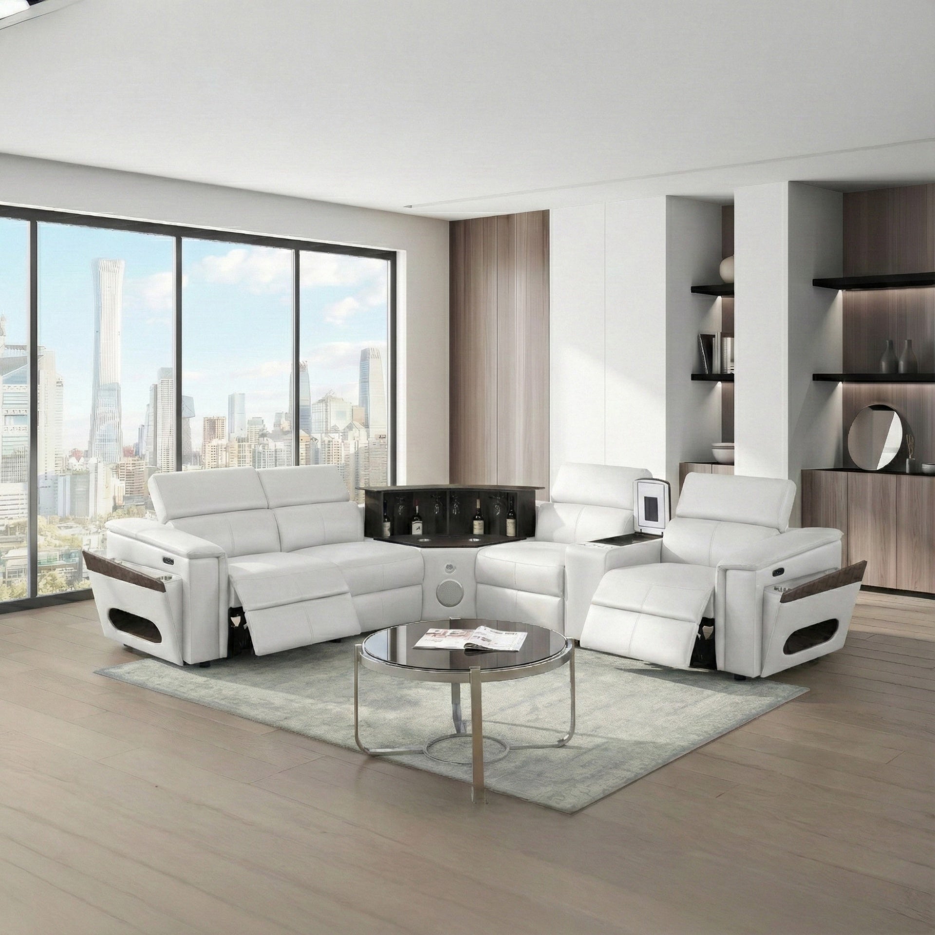 Nova Modern Style Sectional with 1 Console (Fridge), Wedge with Bluetooth speaker, LED and Lifting wine cabinet  - White