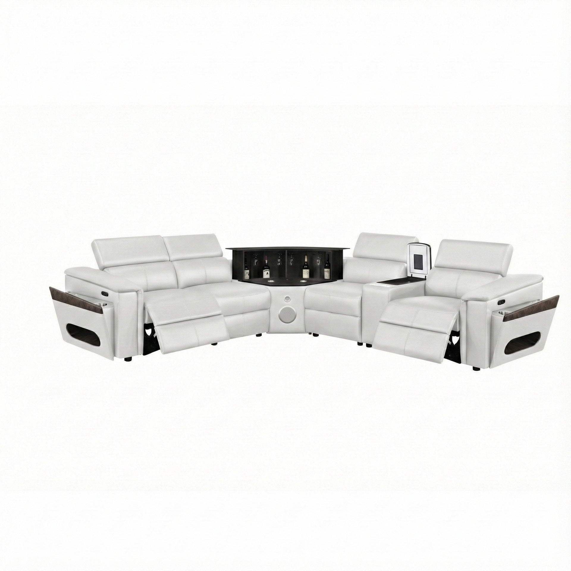 Nova Modern Style Sectional with 1 Console (Fridge), Wedge with Bluetooth speaker, LED and Lifting wine cabinet  - White