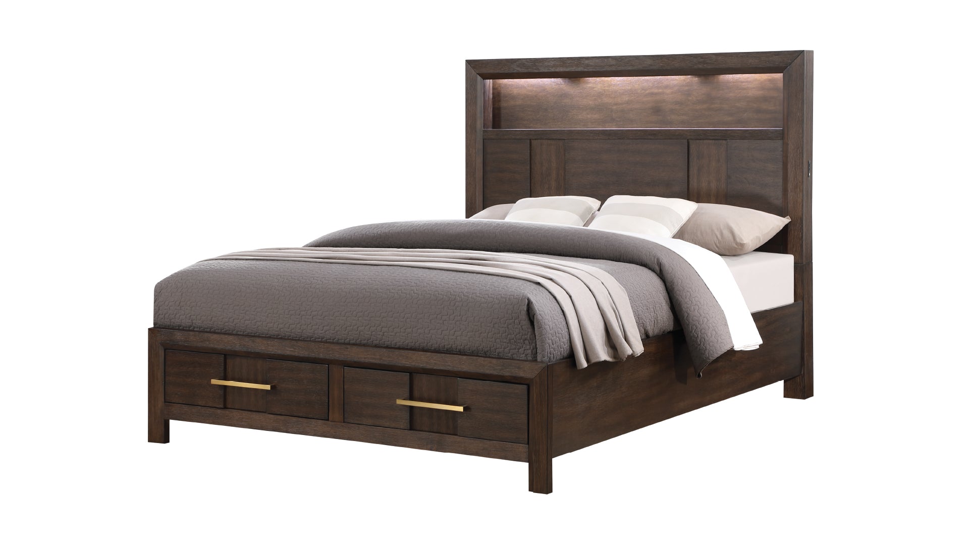 KENZO Modern Style King 4PC Storage Bedroom Set Made with Wood, LED Headboard, Bluetooth Speakers & USB Ports - Walnut (NJ INVENTORY)