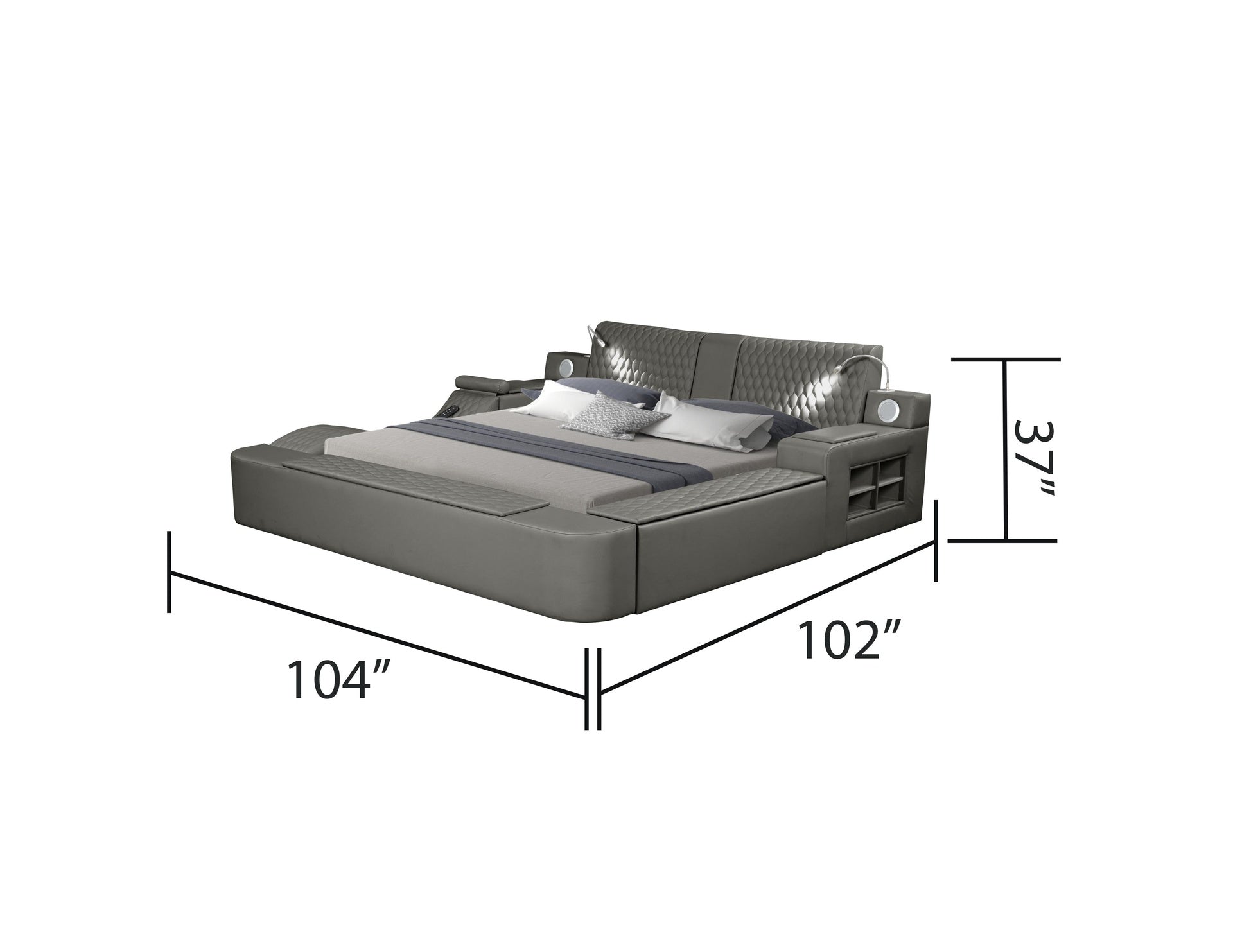 ZOYA Smart Multifunctional massager King Size Bed Made with Wood and Faux Leather in Gray (NJ INVENTORY)