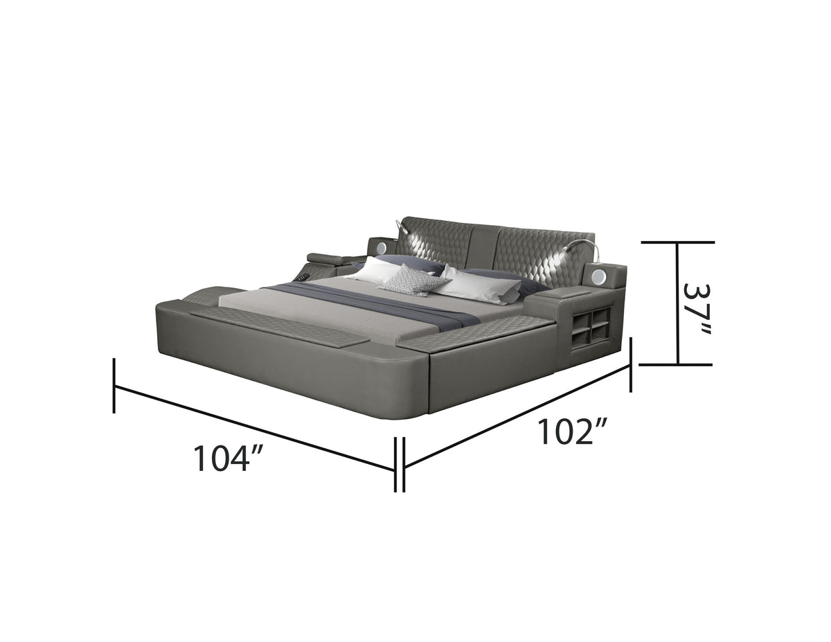 ZOYA Smart Multifunctional massager King Size Bed Made with Wood and Faux Leather in Gray (NJ INVENTORY)