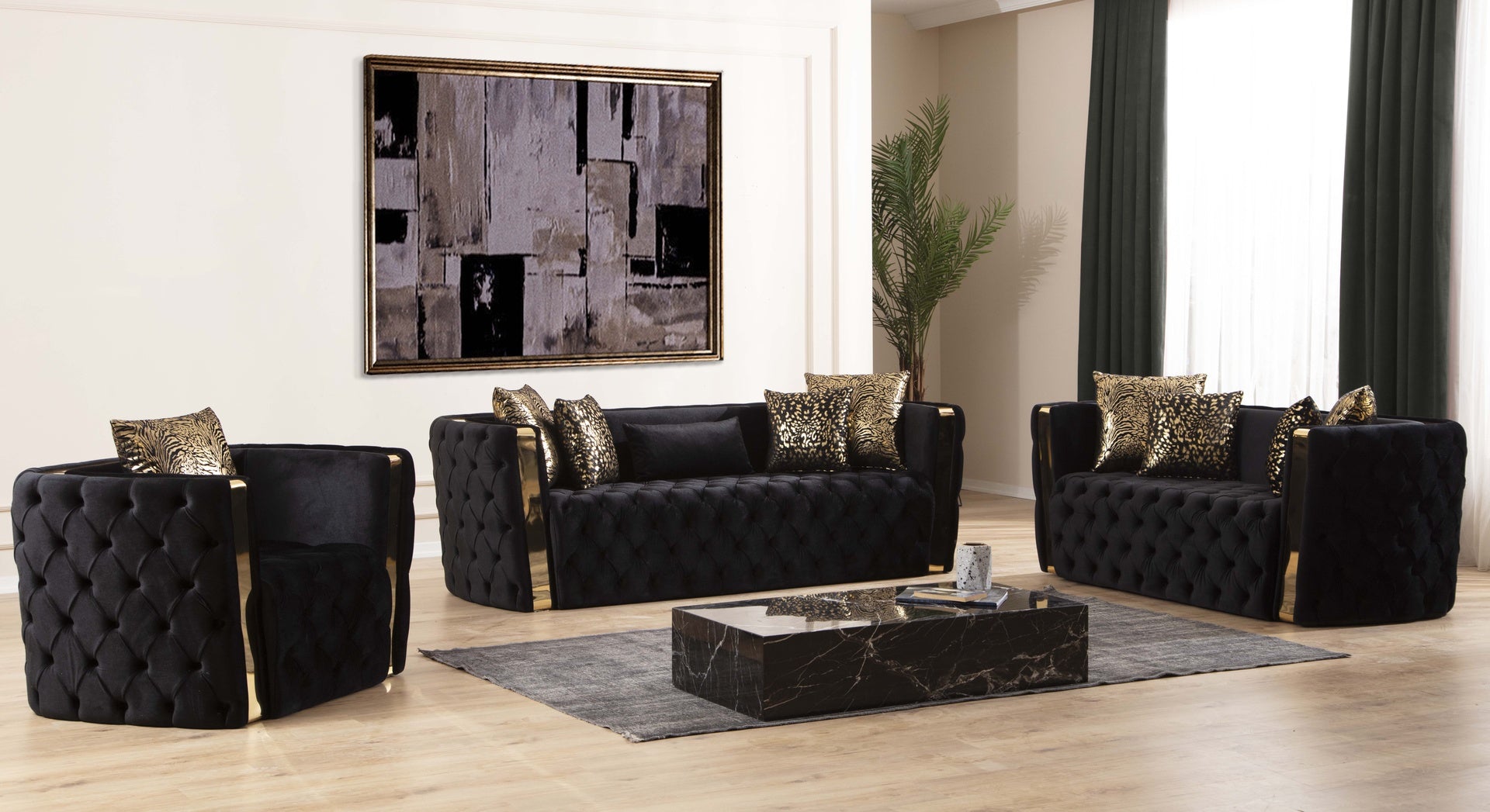 Naomi Button Tufted 3 Pc Sofa Set with Velvet Fabric and Gold Accent in Black (NJ INVENTORY)