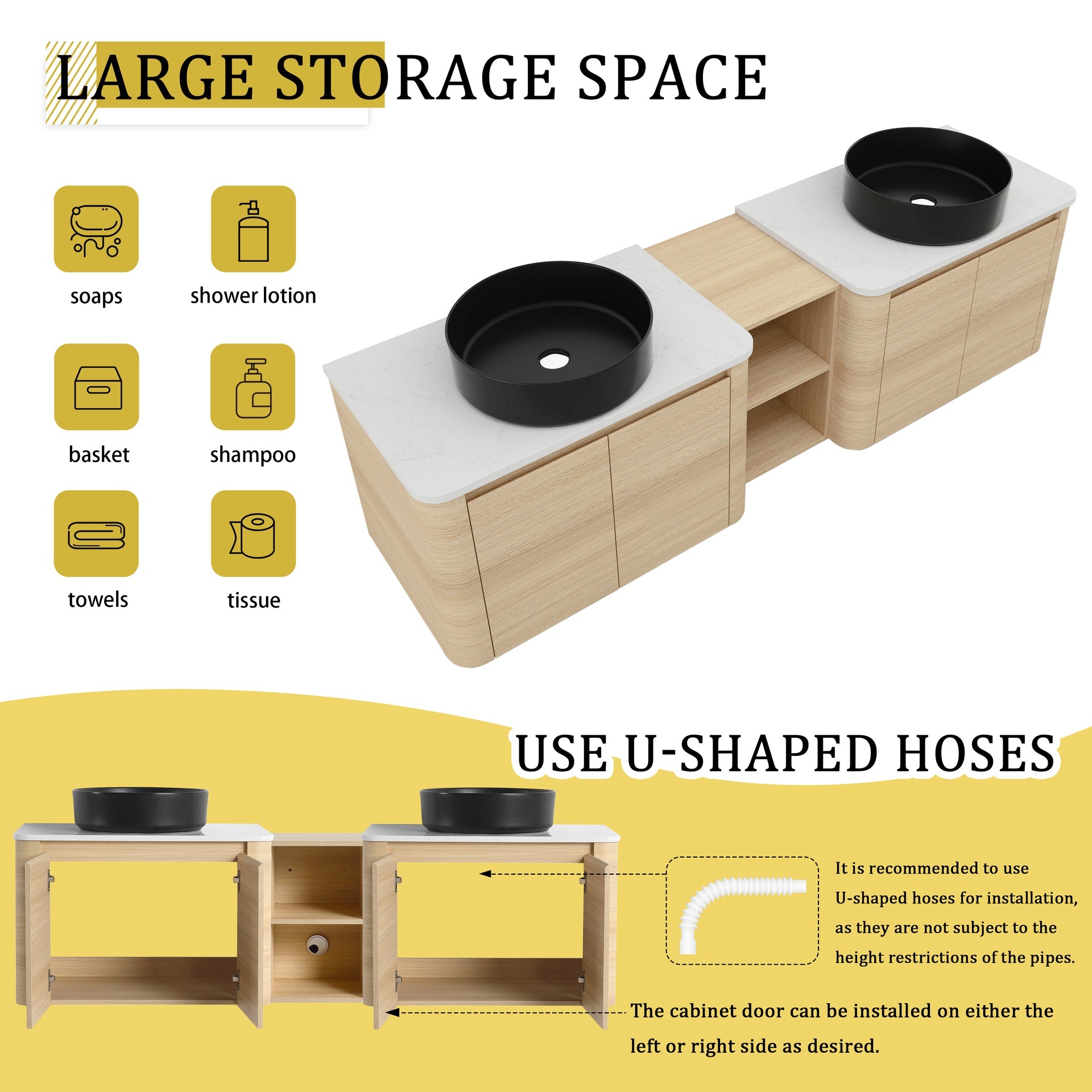 72'' Wall-Mounted Bathroom Vanity With Ceramic Art Sink, and 1-Storage Shelves, 4-Soft-Close Door, KD-Packing, Plywood