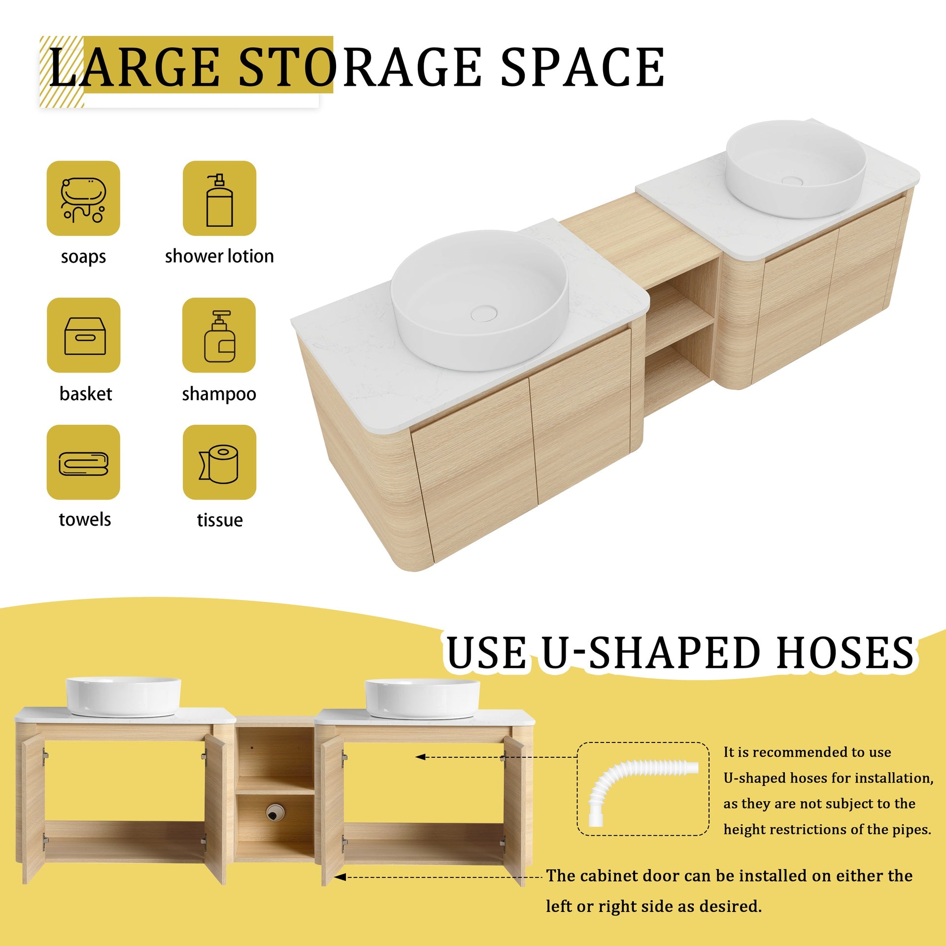 72'' Wall-Mounted Bathroom Vanity With Ceramic Art Sink, and 1-Storage Shelves, 4-Soft-Close Door, KD-Packing, Plywood