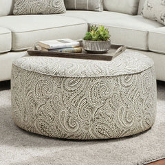 Transitional Style Round Upholstery Ottoman Welt Trim Paisley Pattern Multi Finish